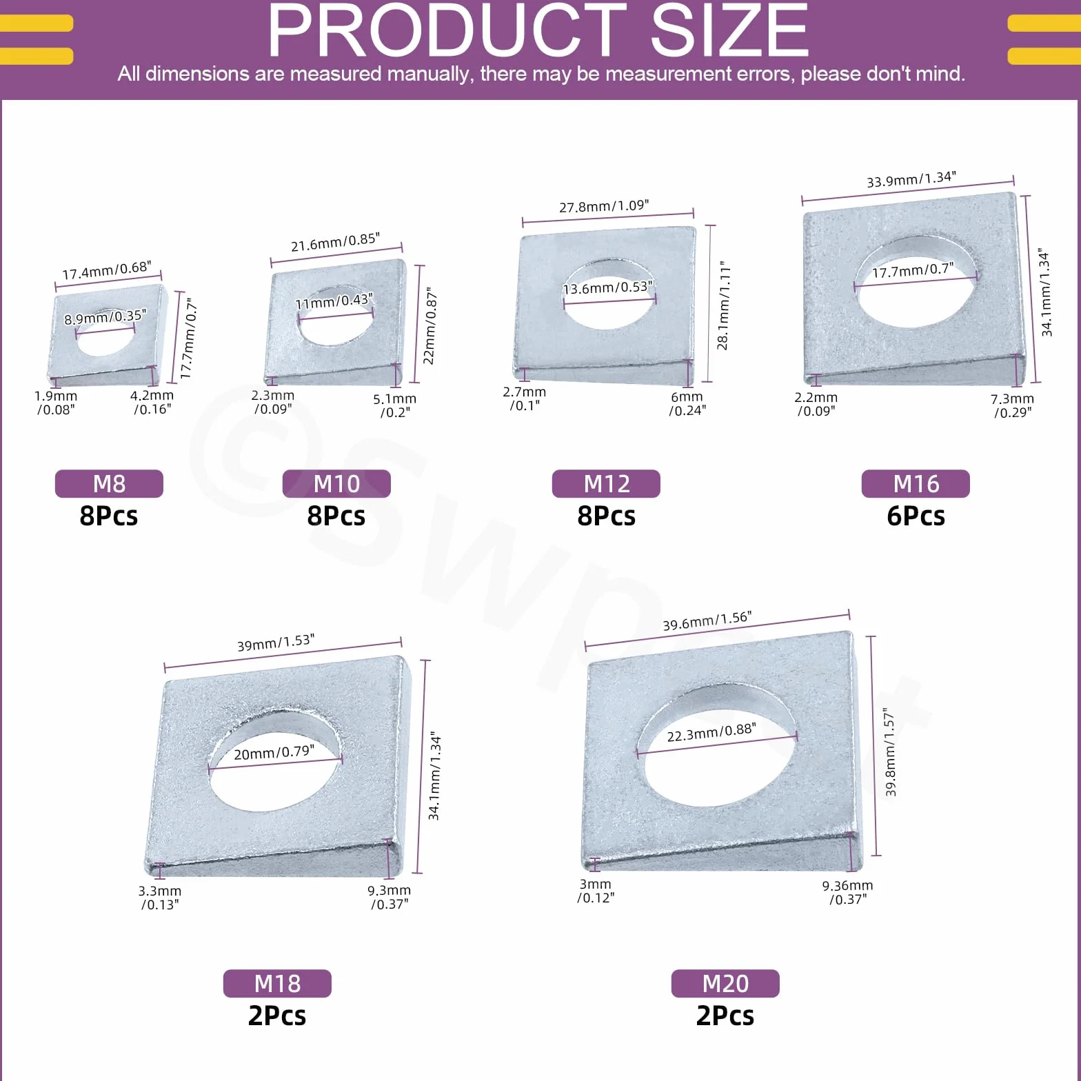 Swpeet 34Pcs 6 dimensioni M8 / M10 / M12 / M16 / M18 / M20 argento zincato fascicolato set assortimento di rondelle quadrate, rondelle a forma di cuneo in acciaio al carbonio semplice per Shim
