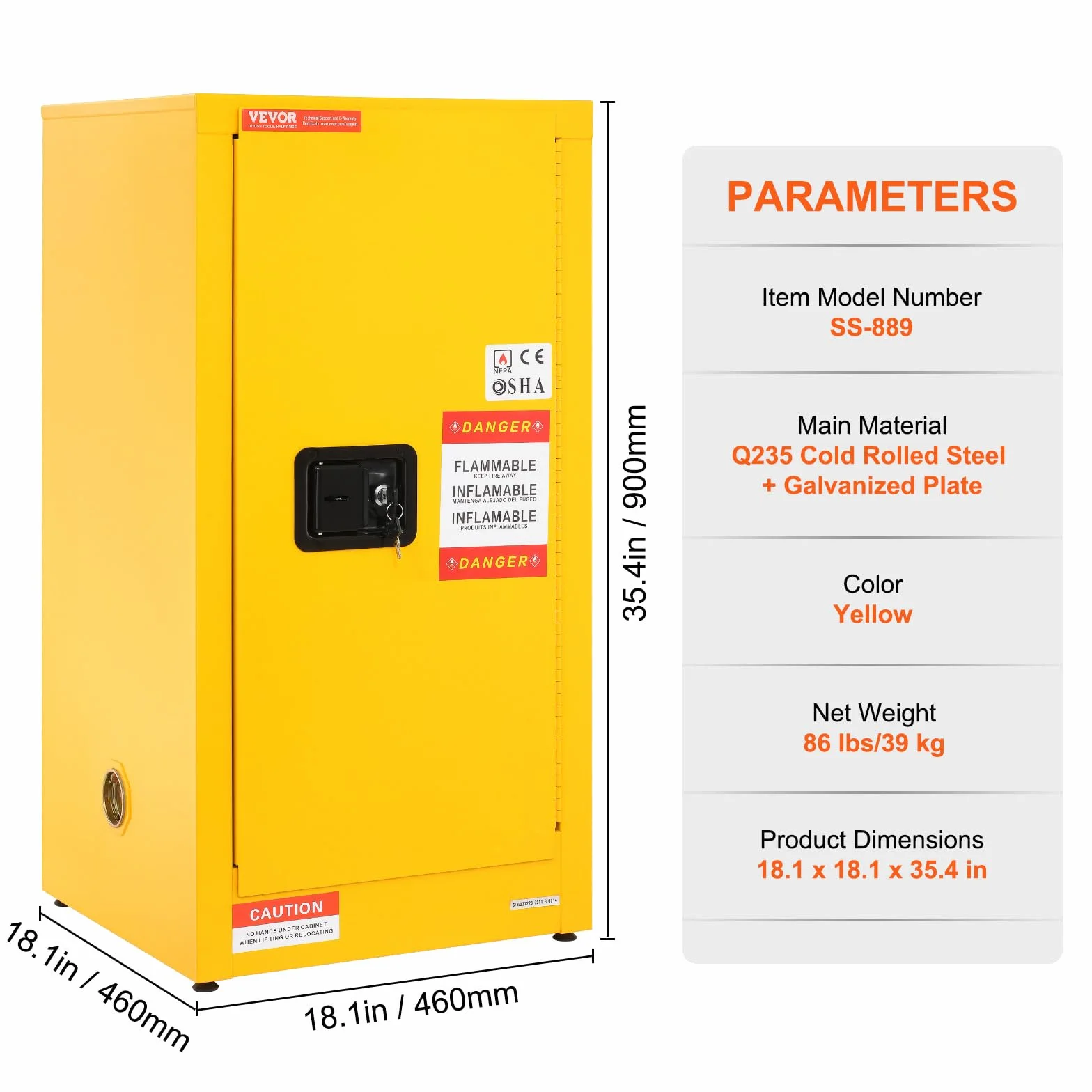 VEVOR Armadio di Sicurezza Infiammabili 16 Gal Acciaio Laminato Freddo 18,1x18,1x35,4 Pollici Antideflagrante 2 Ripiani Regolabili