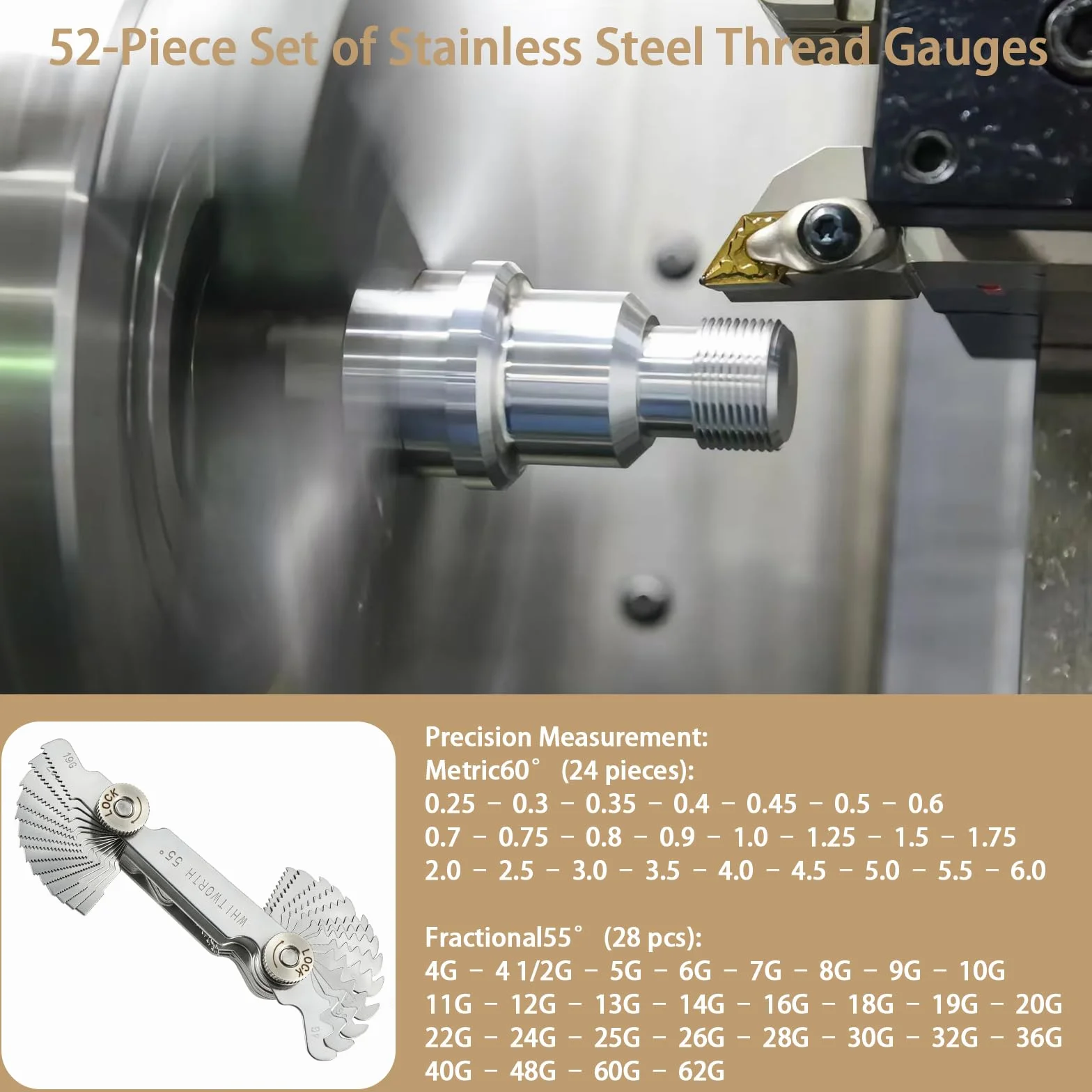 Misuratore di Filettatura 52 Pezzi Calibro a Tappo Filettato Acciaio Inossidabile Metriche 60° Whitworth 55°