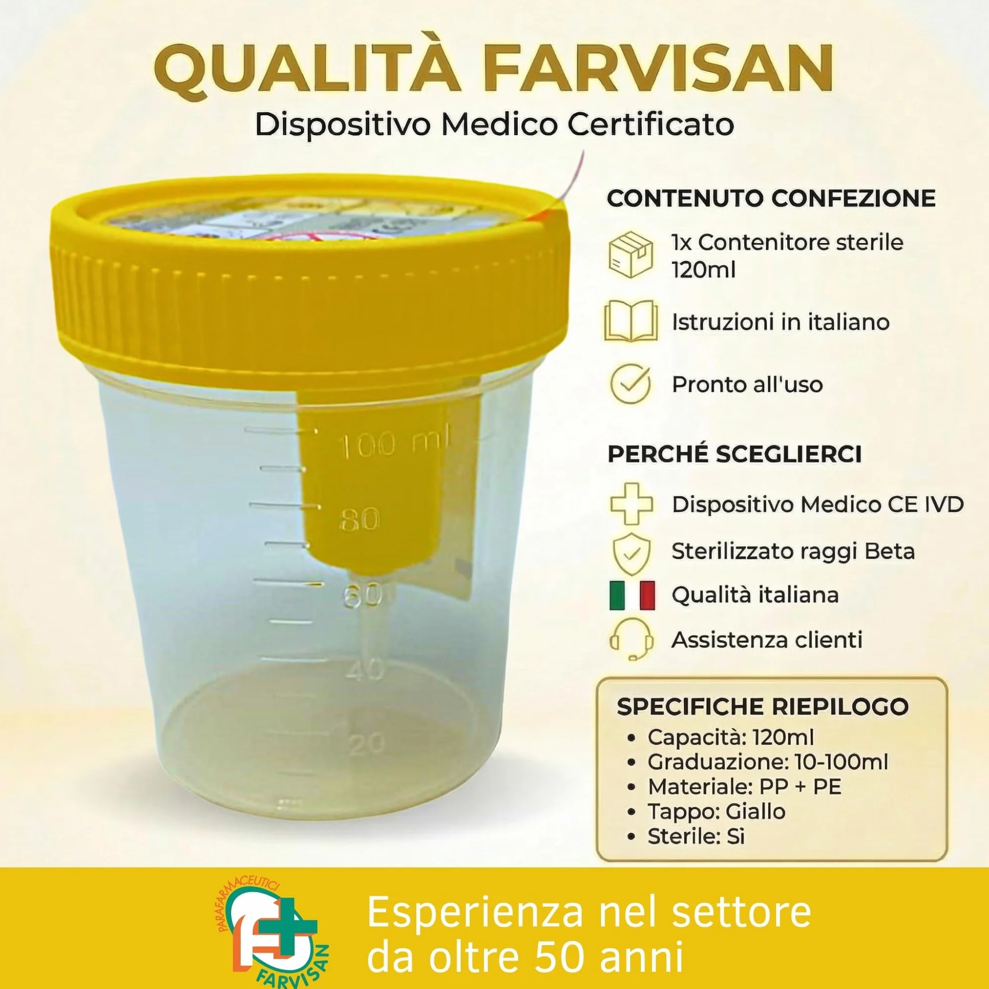 Contenitore Urine per Analisi e Urinocoltura Graduato Dispositivo Medico Farvisan (4 Contenitori Urina)