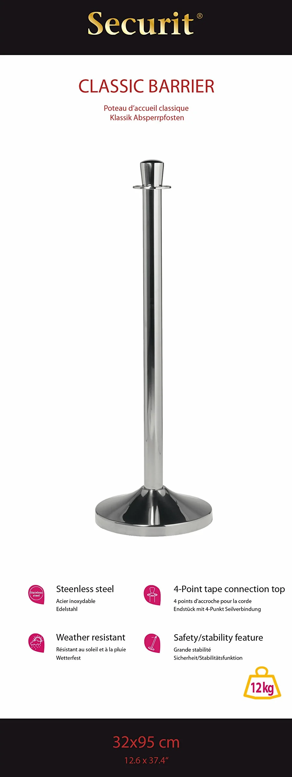 SECURIT - Set di Colonnina e Base per Sistema Barriera Classic - Per Bar, Ristoranti, Pub, Negozi - Testa Piatta - 4 Punti Di Connessione - Antigraffio e Protezione del Pavimento - Acciaio Inox