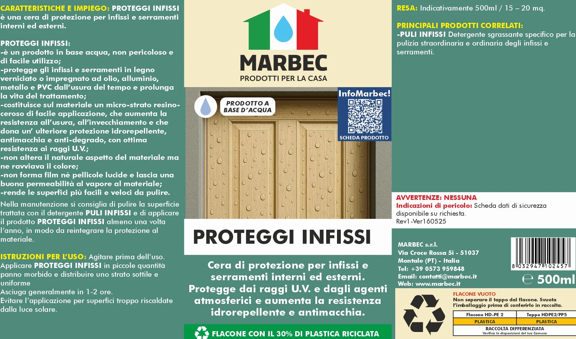 PROTEGGI INFISSI 500ML Cera per Infissi Esterni Marbec. Protezione Anti-Macchia, Anti-Degrado, Ravvivante Naturale per Serramenti. Uso Interno ed Esterno.