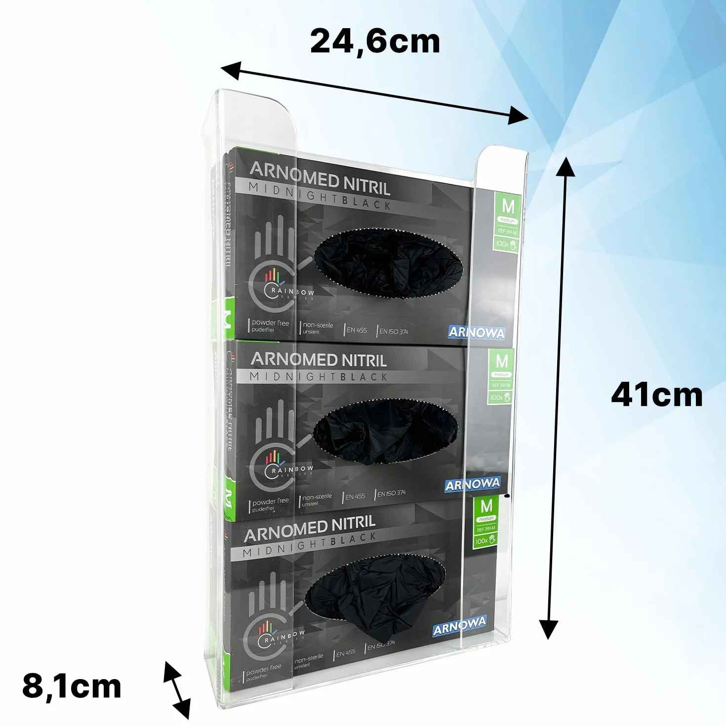 ARNOMED Porta guanti in lattice 3 dispenser parete per 3 scatole acrilico trasparente 24,6x8,1x41 cm