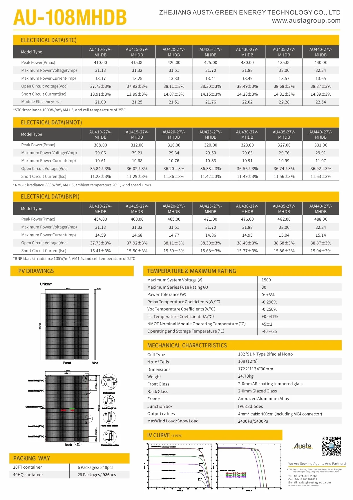 AUSTA Bifacciale Pannello Solare 440W Monocristallino Pannello Fotovoltaico, Per Impianto Fotovoltaico Completo, Impianto Solare da Balcone, Per Tetto Inclinato, Balcone, Tetto Piano
