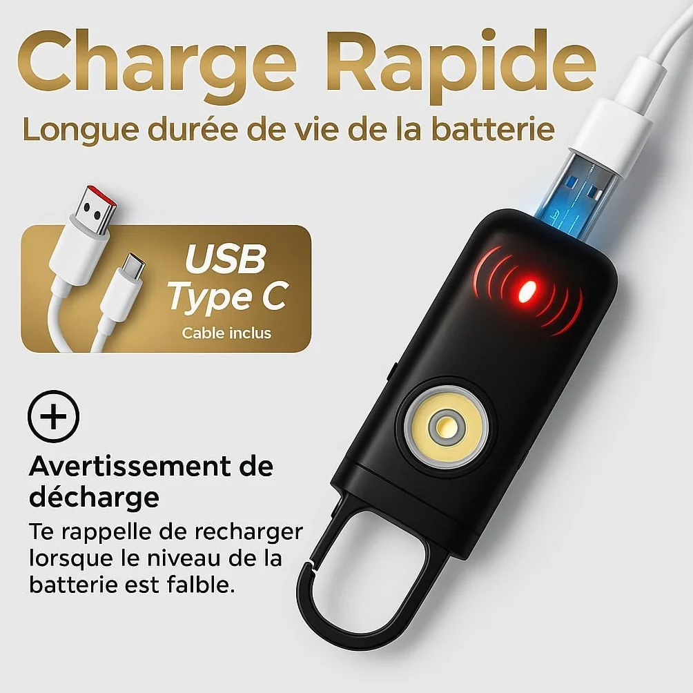 Allarme tascabile potente, allarme anti aggressione ricaricabile per sicurezza d’emergenza da 130 decibel, con luci SOS, ricarica USB Type-C, leggero, protezione per bambini, donne e persone anziane