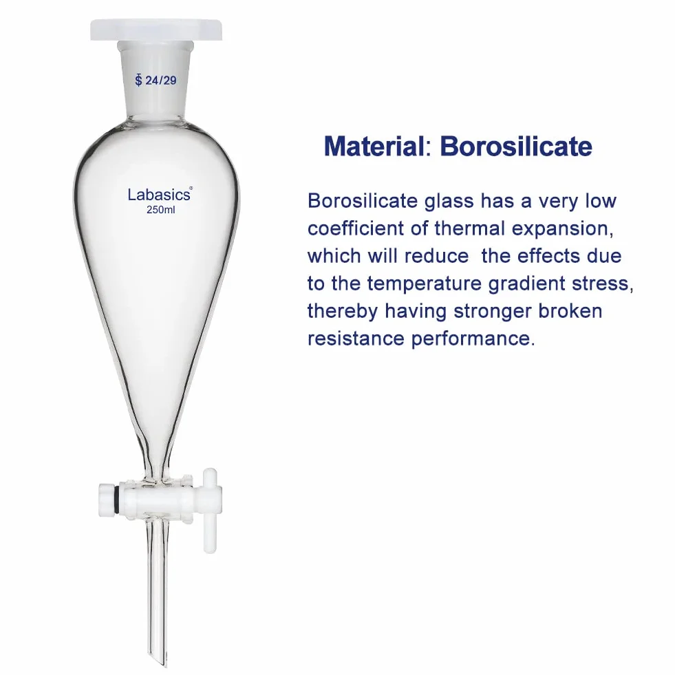 Labasics Imbuto Separatore Conico a Parete Pesante in Vetro Borosilicato con 24/29 Giunti e Rubinetto di Arresto in PTFE, 250 ml