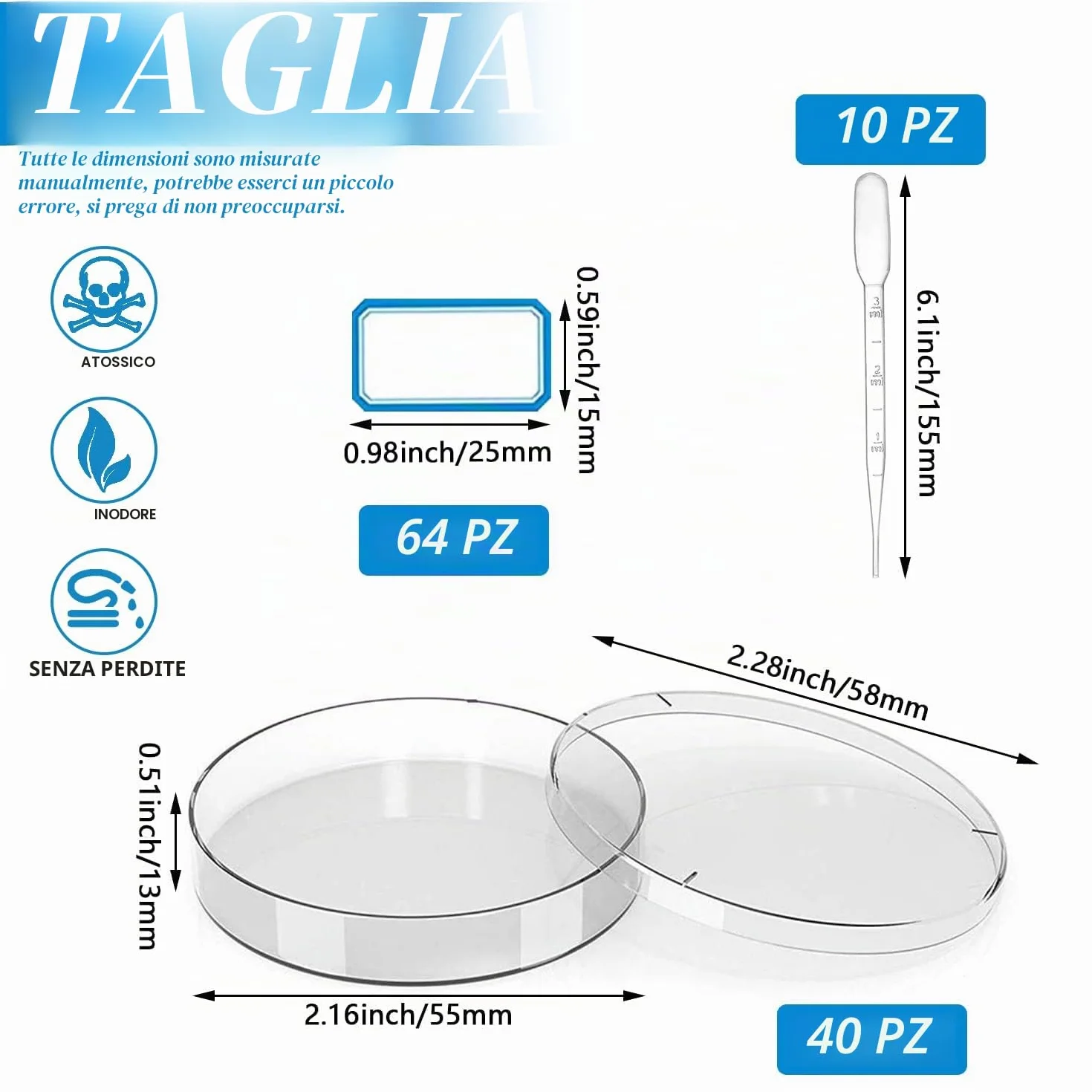Petri Dishes 55mm x 13mm Sterile Piastra Petri in Plastica Trasparente 40 Pezzi con Contagocce