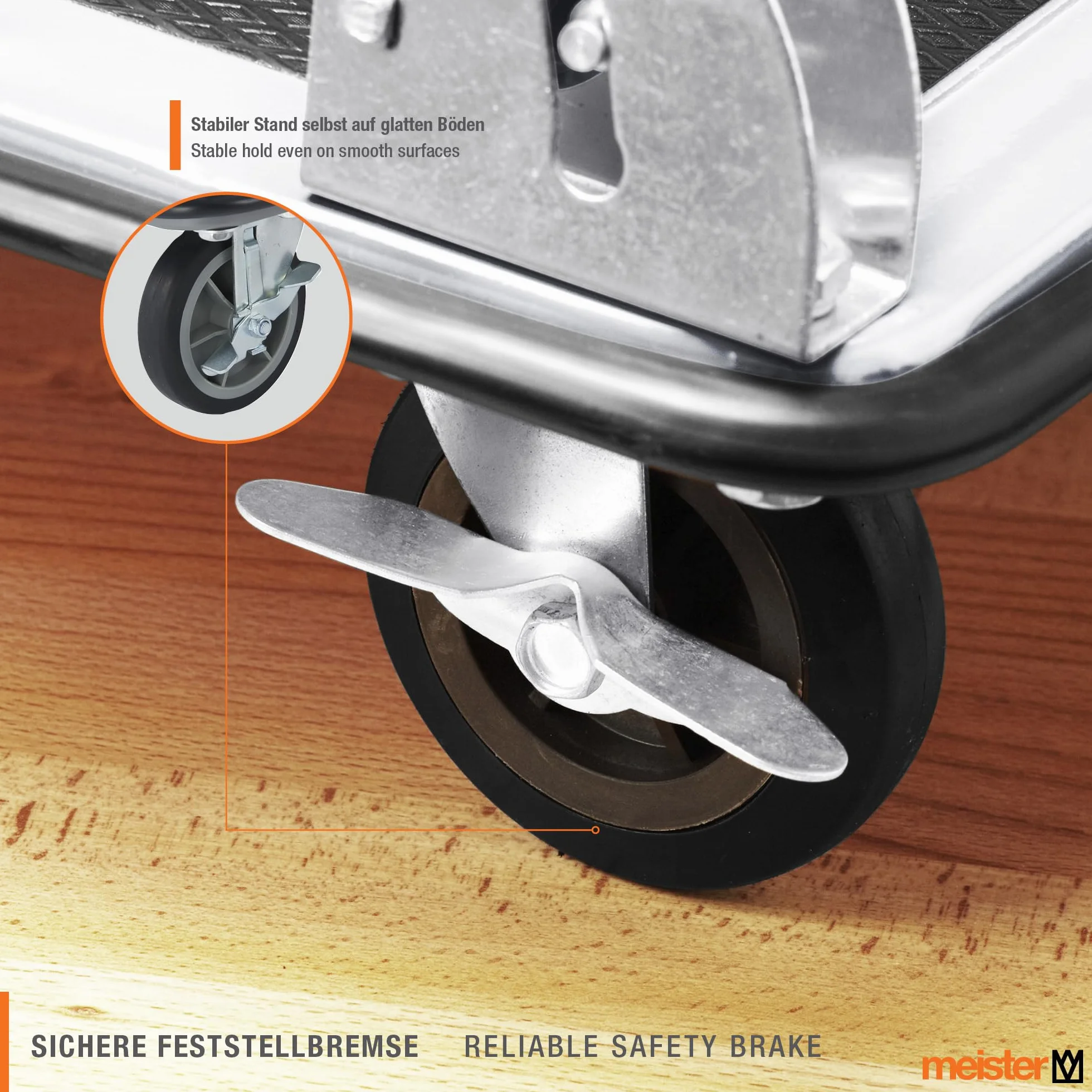Meister Carrello piattaforma pieghevole - Portata 150 kg - Freno stazionamento / Trasporto ruote girevoli / Pacchi antiscivolo / Carrello acciaio pieghevole / 8985530
