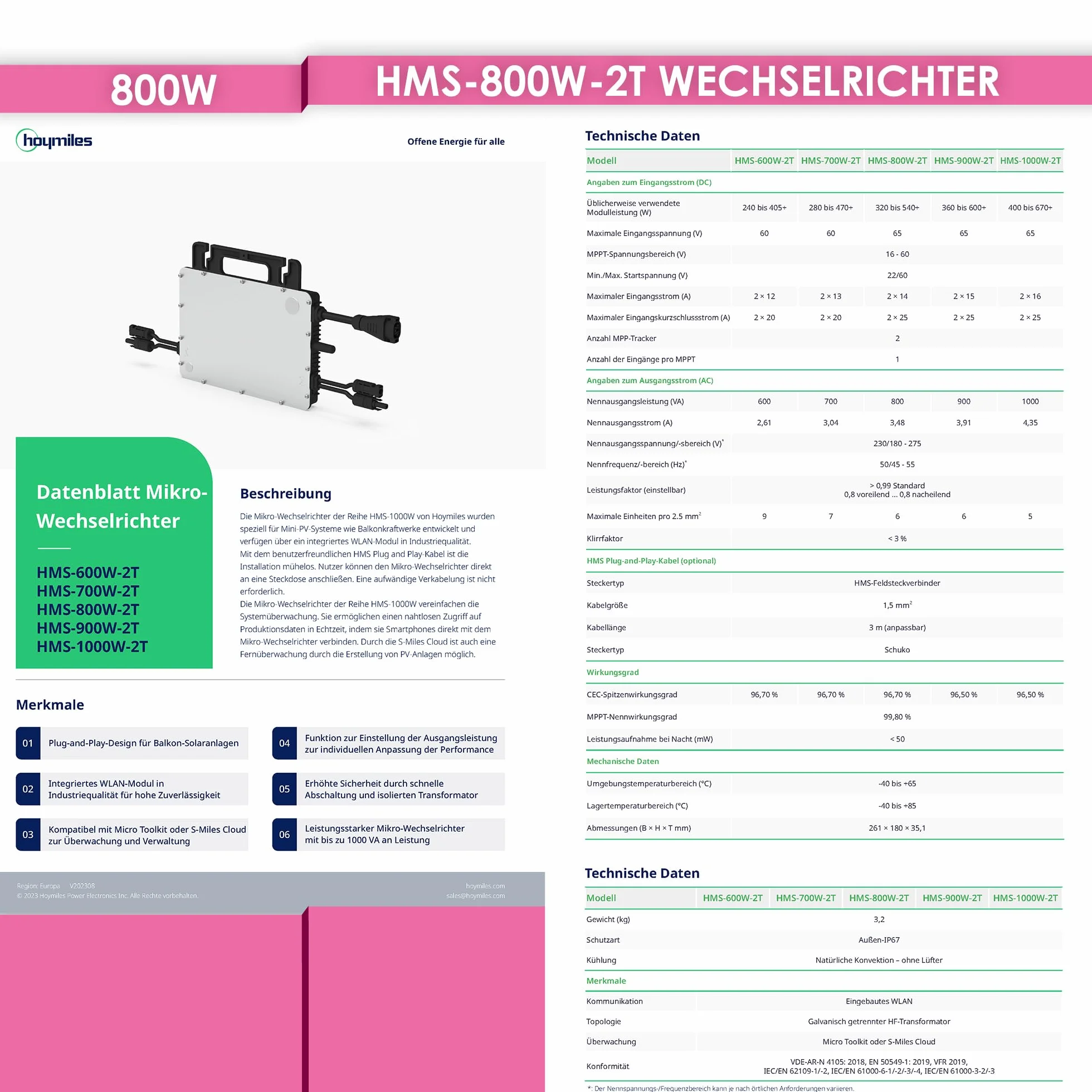 Hoymiles HMS-800W-2T Micro inverter con WiFi integrato DTU | incl. connettore HMS Field | fino a 2 moduli PV | 800 Watt | Conforme VDE | per centrali elettriche da balcone