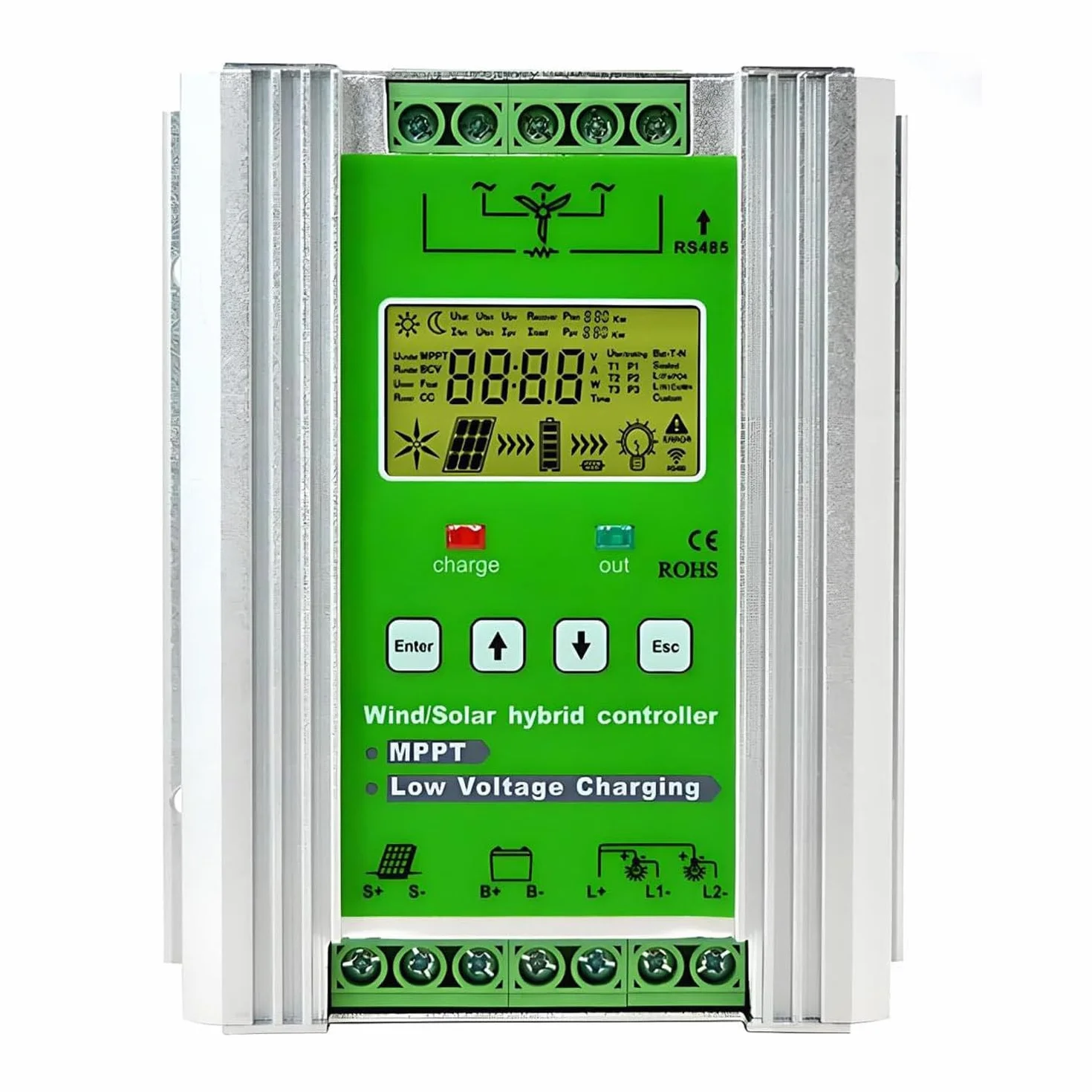 off Grid Mppt Wind Solar Hybrid Controller,Regolatore Carica Ibrido Solare Eolico App WiFi Mobile,umidità 10%~90% (Senza Condensa),Classe Protezione Ip30,per Eolico Pannelli 6000W
