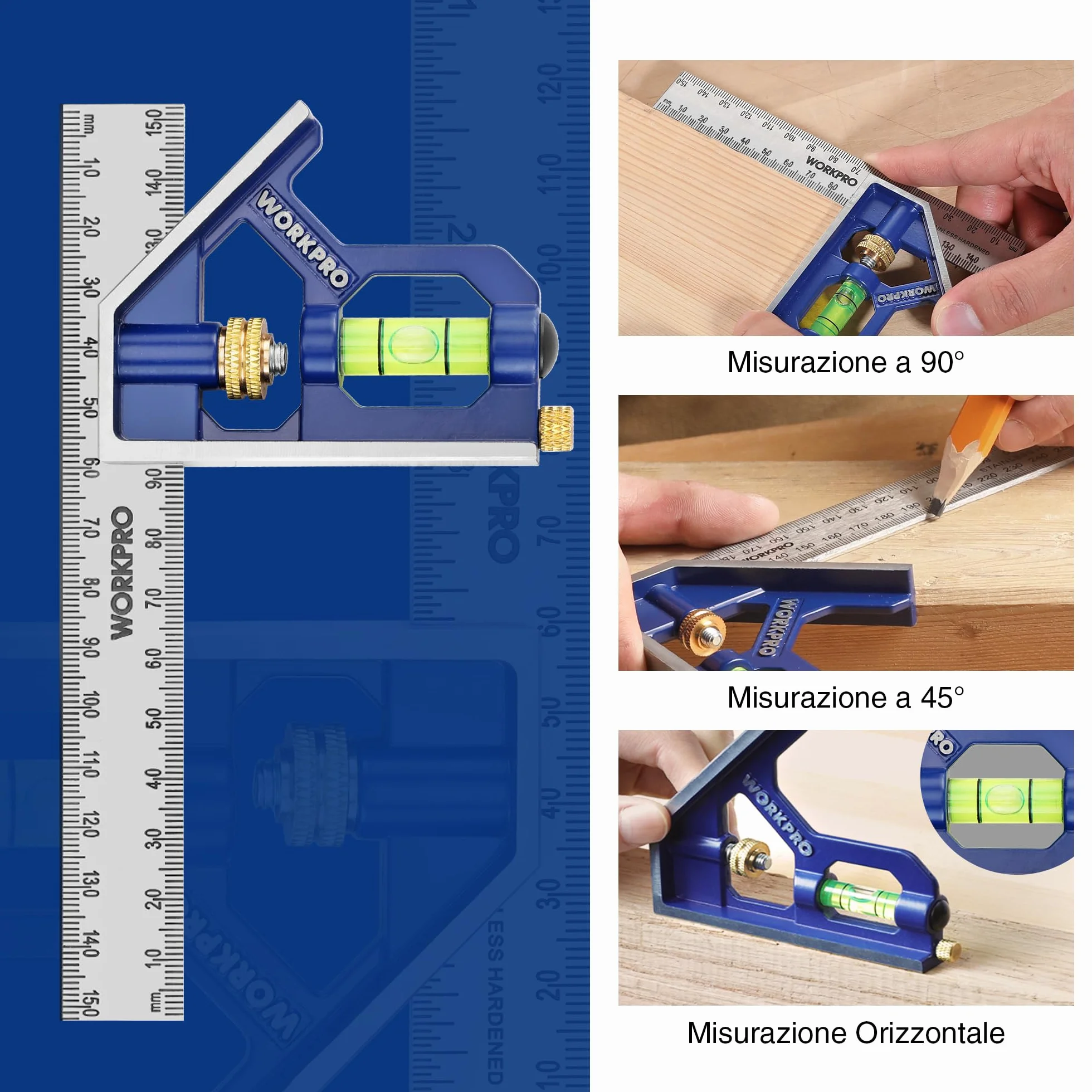 WORKPRO Set di Squadra Combinata Regolabile 150+300mm, Righello Angolo Acciaio Inossidabile con Bolla