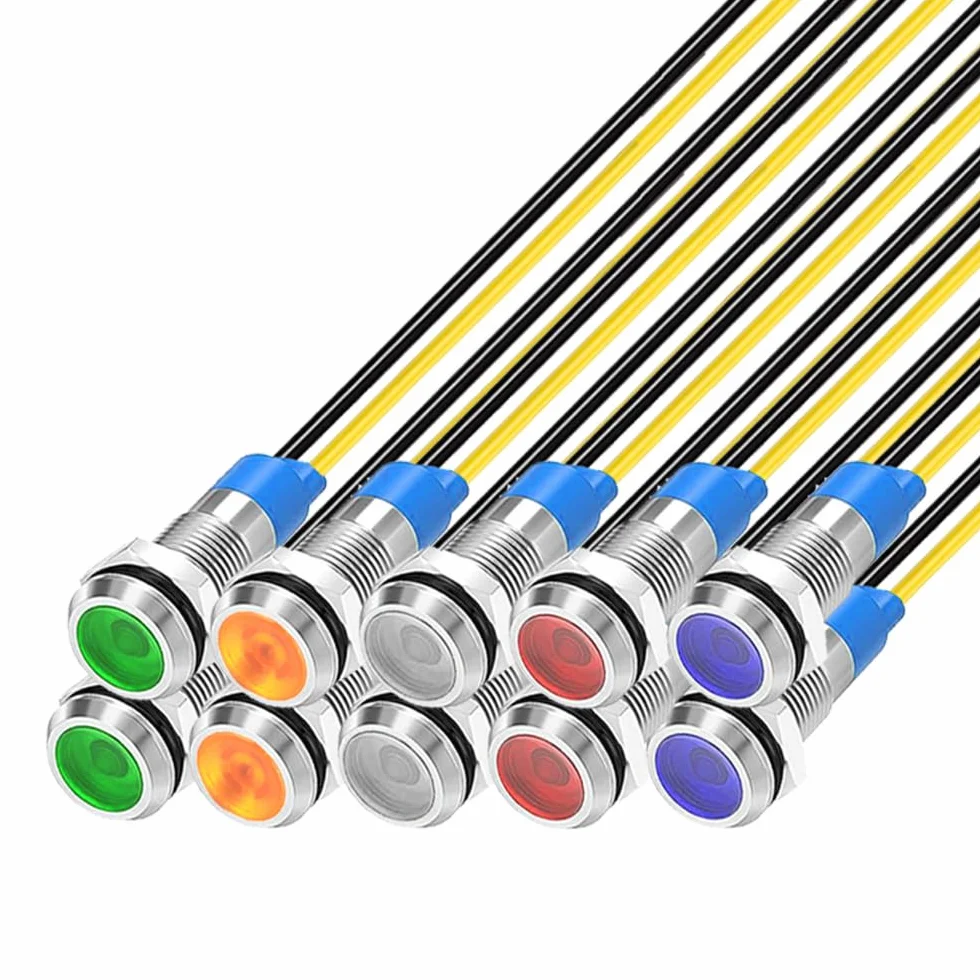 Gebildet 10Pcs 6mm 230VAC LED Indicatore Luminoso in Metallo Lampada di Segnalazione Impermeabile (Verde Arancia Rosso Blu Bianco 10Pcs)
