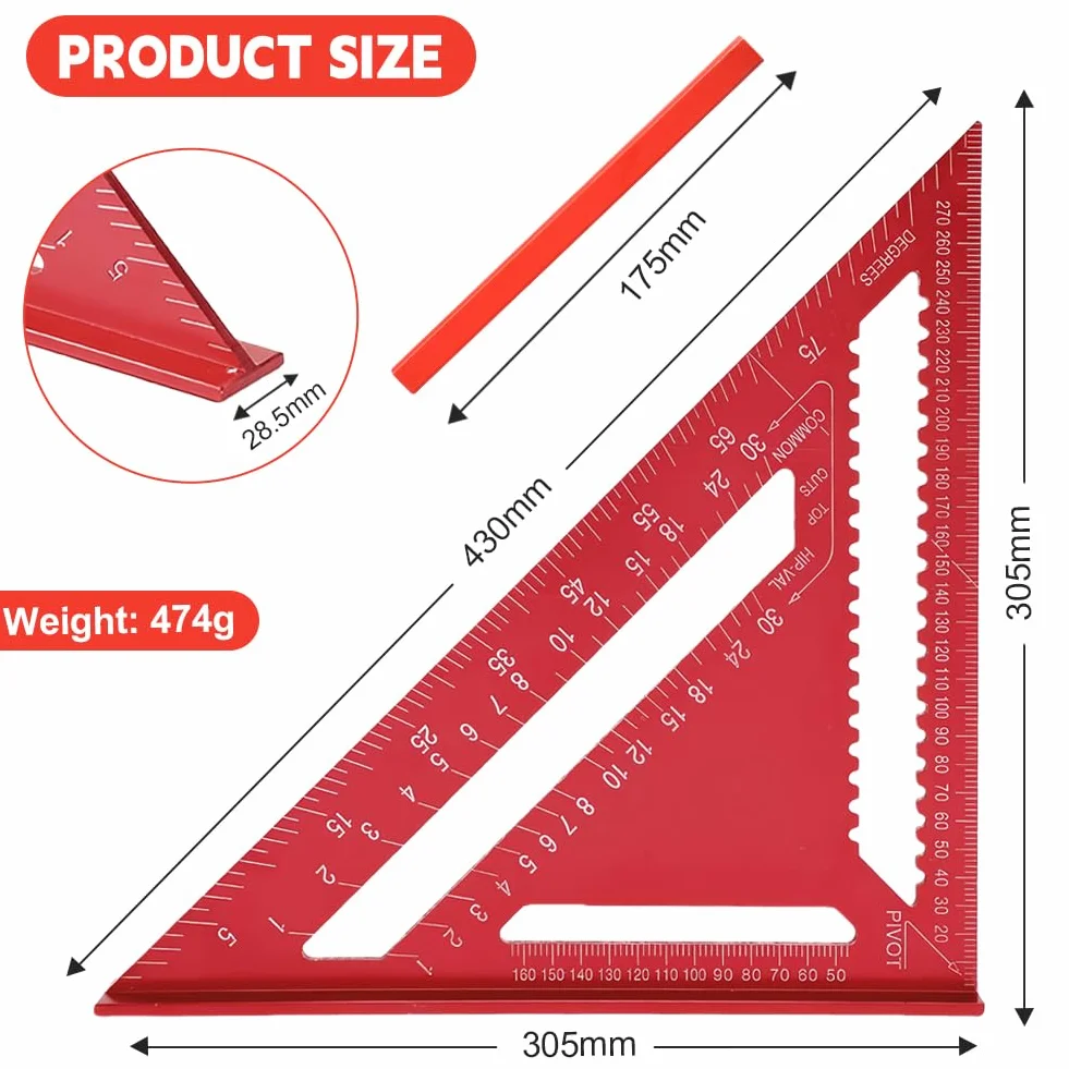 Flintronic Squadra da Falegname Metallo Combinata 12 Pollici Righello Triangolare Alluminio