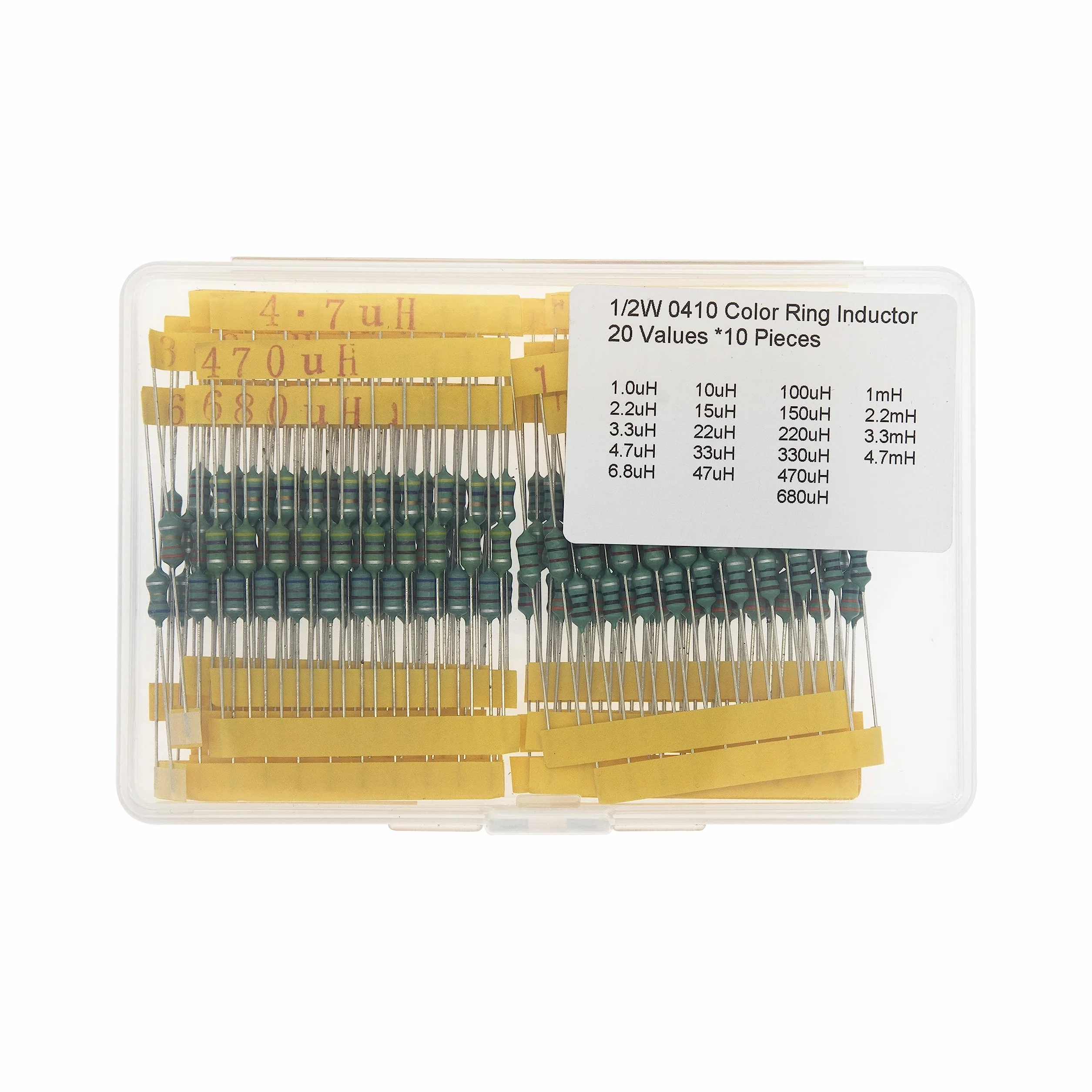 20 valori * 10 pezzi 1/2W 0410 Kit induttore anello colore 1.0uH 2.2uH 3.3uH 4.7uH 6.8uH 10uH 15uH 22uH 33uH 47uH 100uH 150uH 220uH 330uH 470uH 680uH 1mH 2.2mH 3.3mH 4.7mH