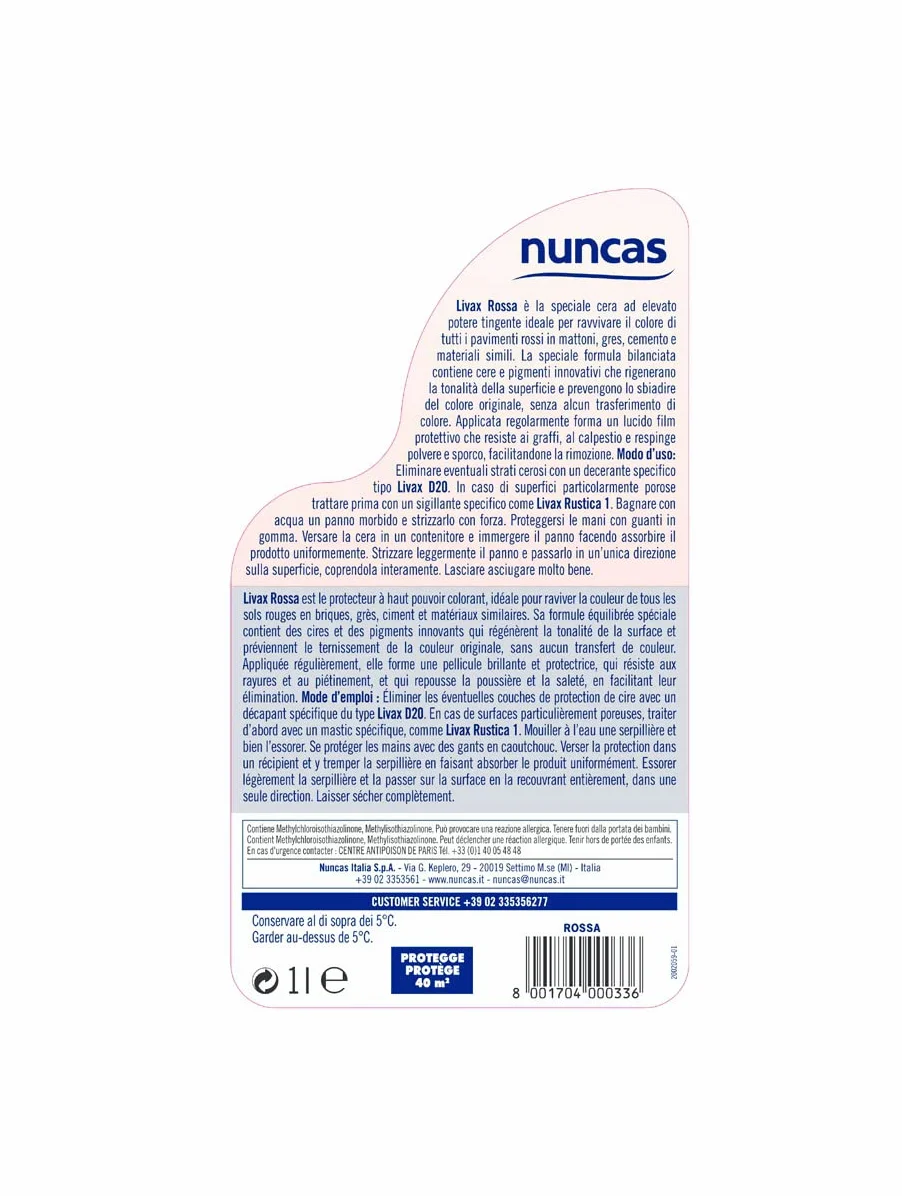 Nuncas Livax Cera Rossa - Pavimenti Rossi in Mattoni, Grès e Cemento - 1000ml