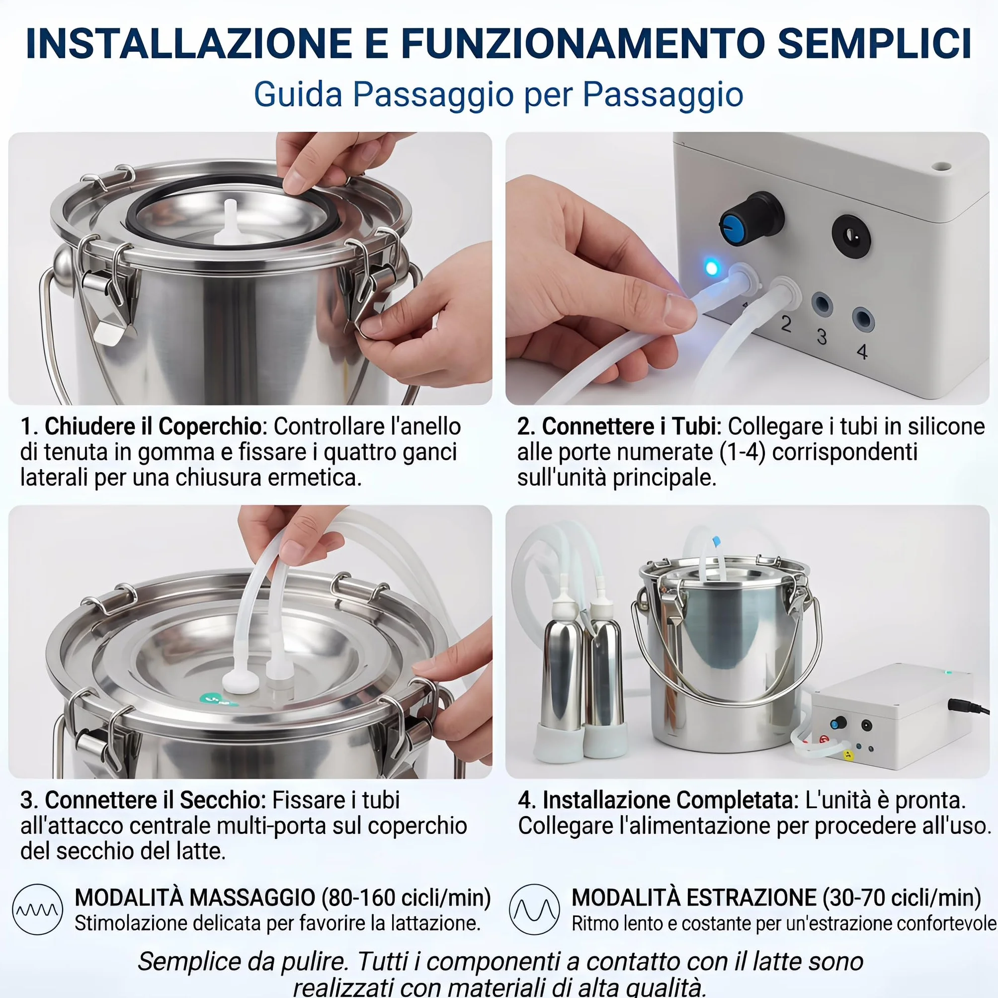 Mungitrice per mucche, 【KOUBHYJ 12L Attrezzatura per la Mungitura】[Integrato-Caricabile e collegabile-Massaggio pulsante]con Secchio in Acciaio Inox 4 Tettarella In Gomma per Mucche
