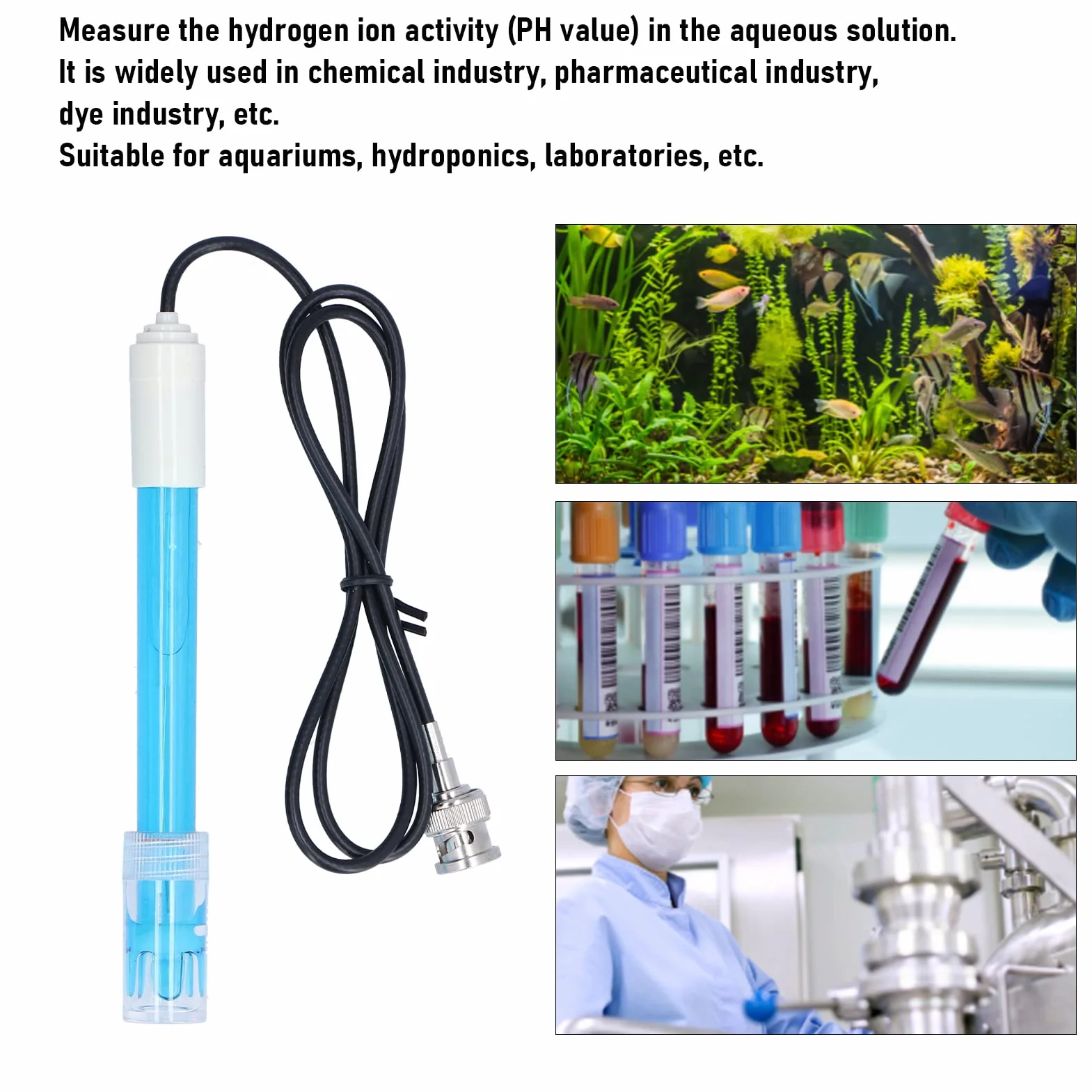 Strumento per Test Elettrodo Ph Connettore Bnc, Sonda Ph Guscio in Plastica per Piscina Bnc, 0,00-14,00PH, 0-60℃, Acquario con Regolatore di Ph Adatto per L'industria Chimica