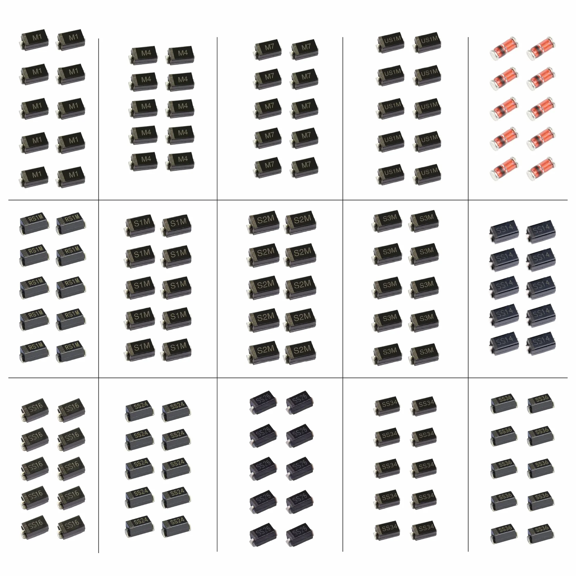 Kit diodi raddrizatori Schottky SMD 150 pezzi 15 modelli M1 M4 M7 RS1M S1M S2M S3M SS14 SS16 SS24 SS26 SS34 SS36 US1M LL4148