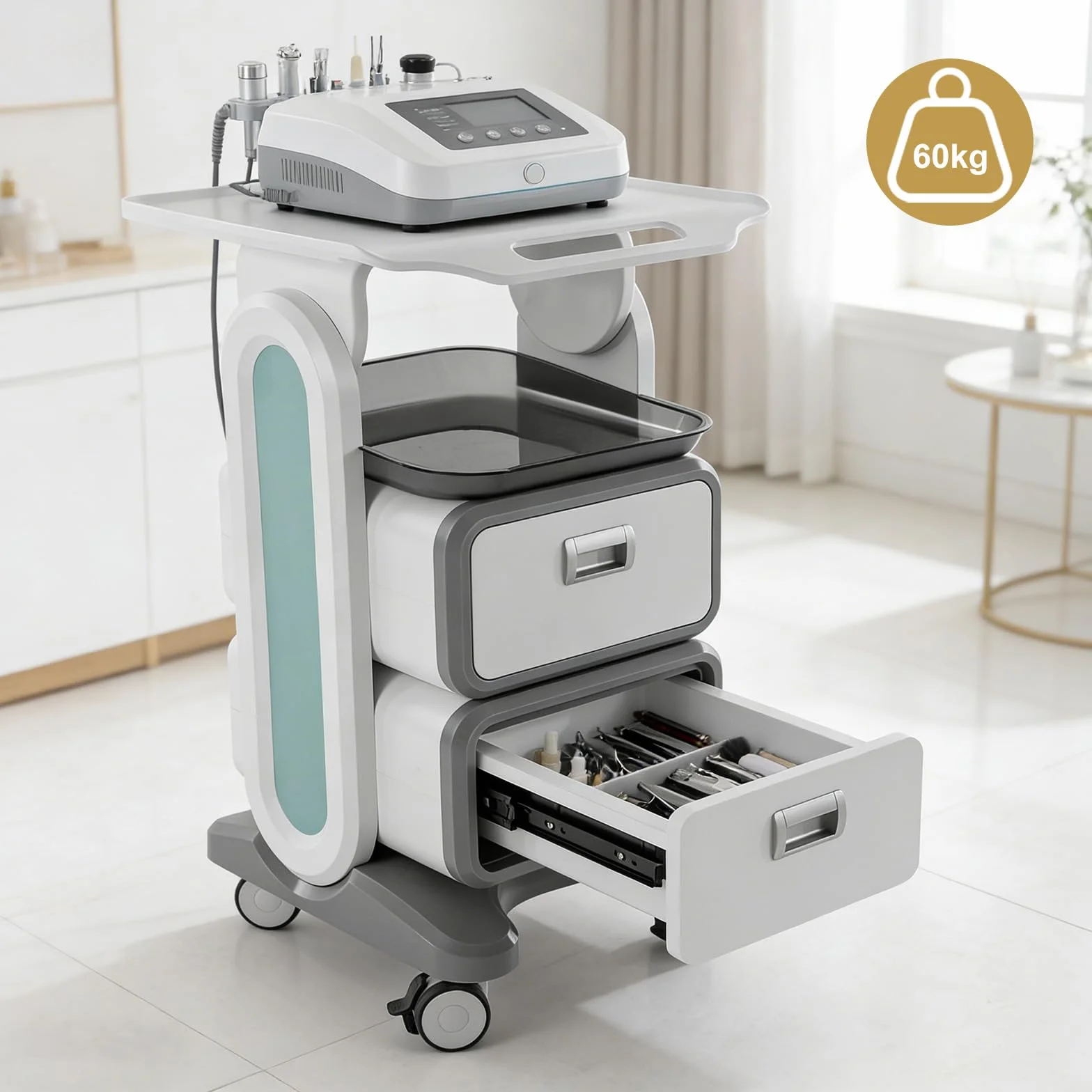 Carrello da Laboratorio 3 Ripiani Medico Mobile ABS 4 Ruote Silenziose Cassetti Vassoio