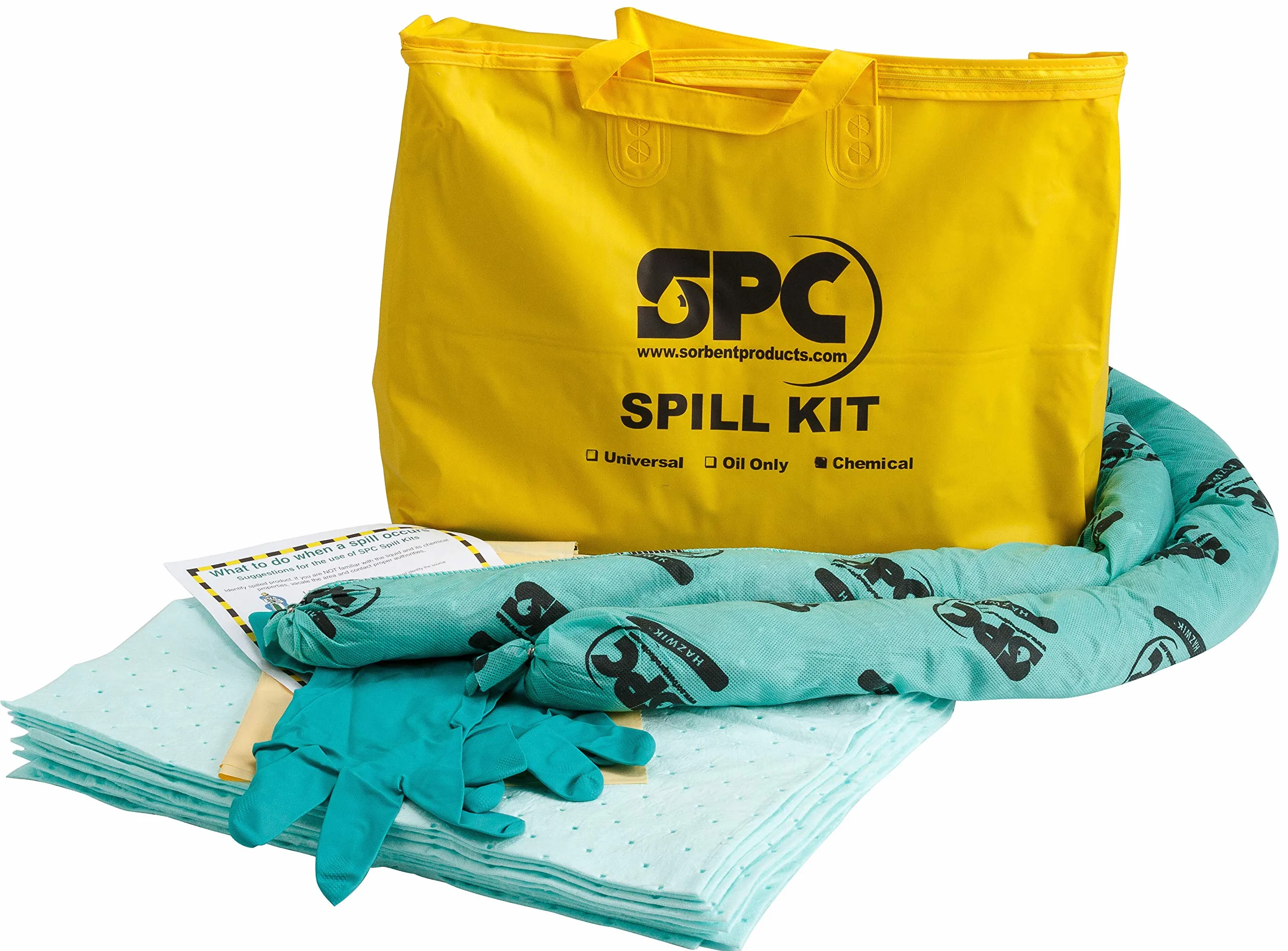 SPC® by Brady Kit Anti-Inquinamento Chimico – Kit Assorbente Chimico per Fuoriuscite di Sostanze Chimiche Pericolose, Include 10 Panni Assorbenti Chimici, 2 Calze, Guanti e Sacco per Smaltimento