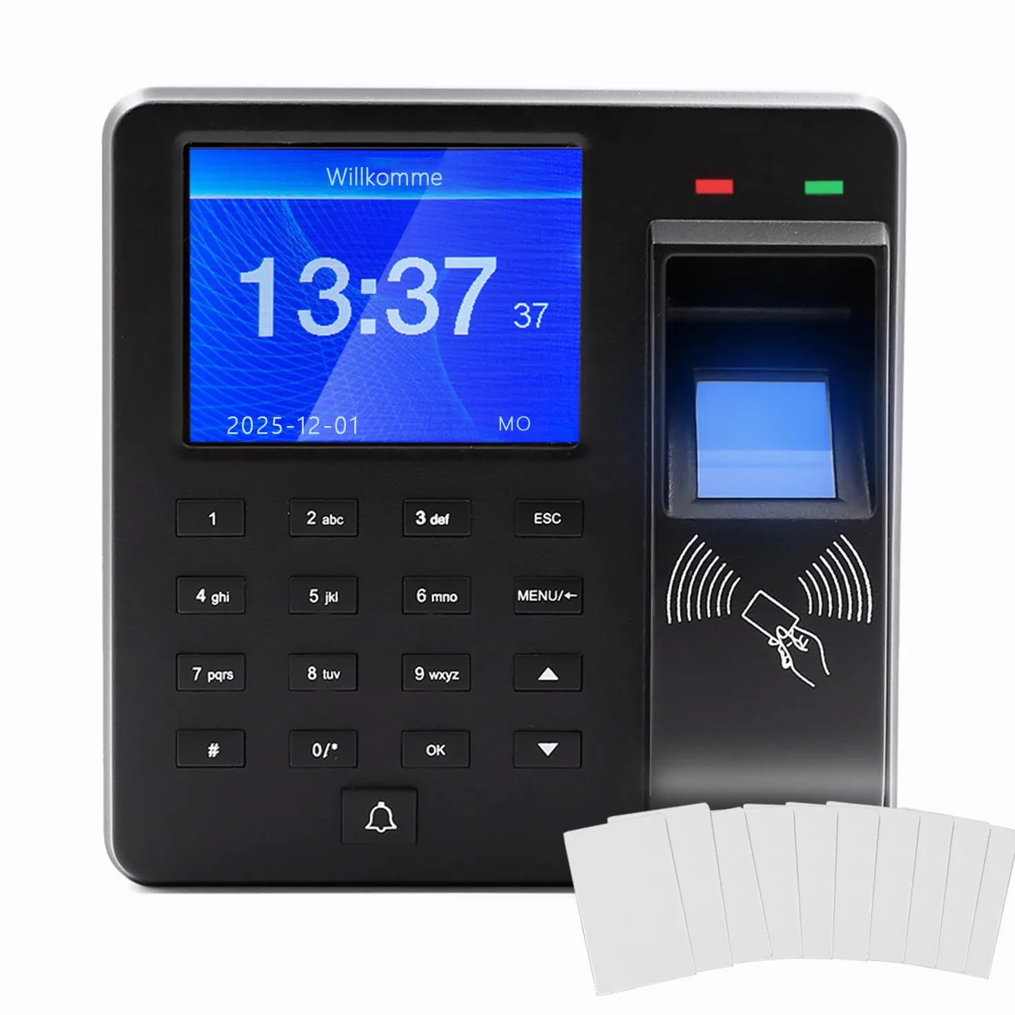 Sistema di rilevamento del tempo per piccole imprese, dispositivo di rilevamento del tempo 3-in-1 con impronta digitale, password e lettore di carte, capacità impronte digitali 1000, sistema di