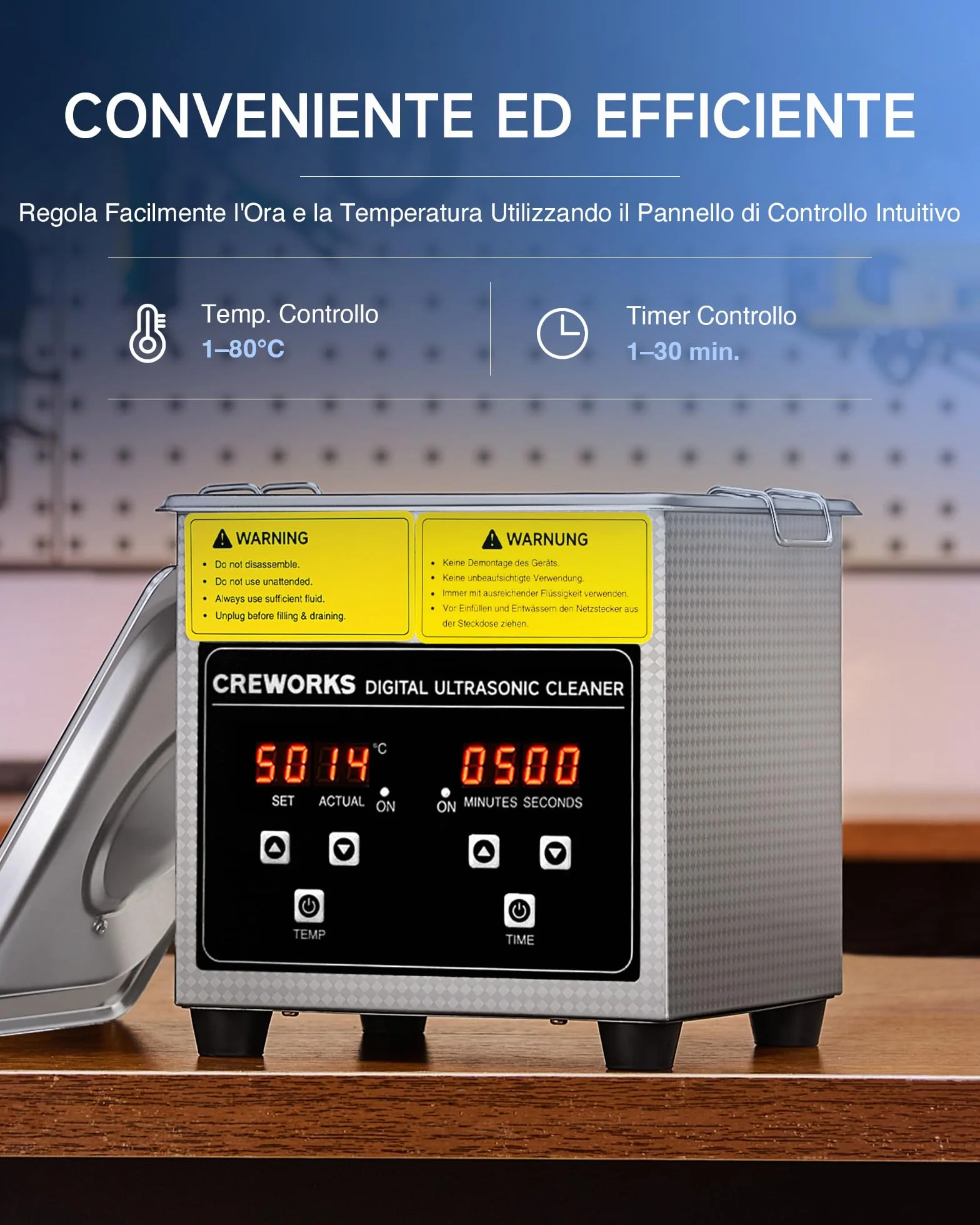 Pulitore Ultrasuoni Industriale 1L 50W Acciaio Inossidabile con Riscaldatore Timer Digitale