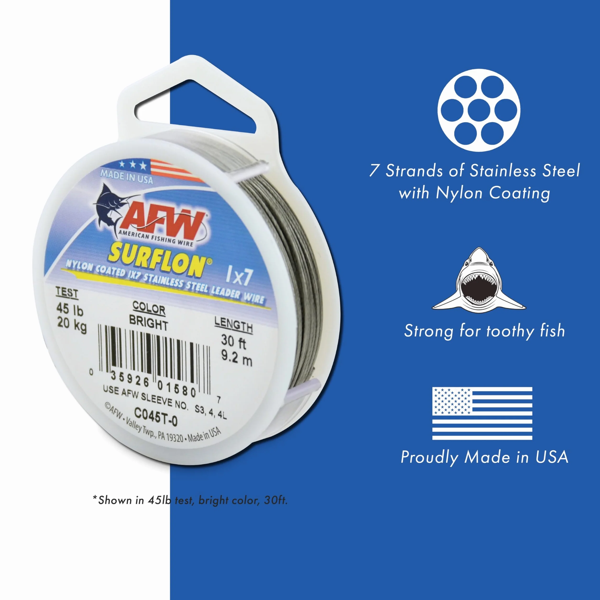 American Fishing Wire Surflon Nylon Rivestito 1x7 Acciaio Inossidabile Leader Wire Pesca Acqua Salata Test 113,4 kg 9,1 m