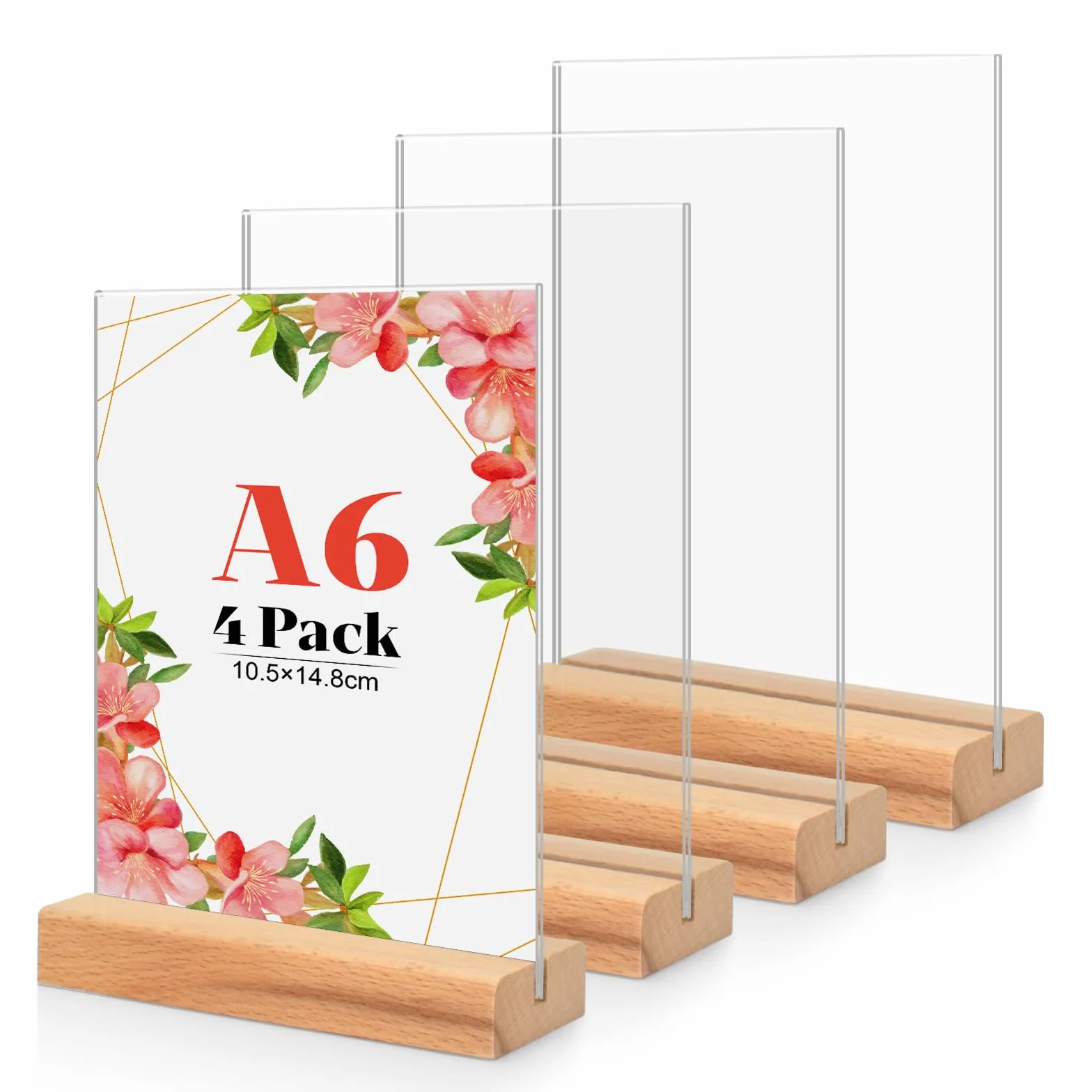 4 Pezzi Espositore Plexiglass A6, Legno T forma Porta Cartelli in Acrilico Porta Fogli Cornice Plexiglass Trasparente Porta Menu Da Tavolo con Base in Legno Per Ristorante, Caffetterie, Ufficio, Foto
