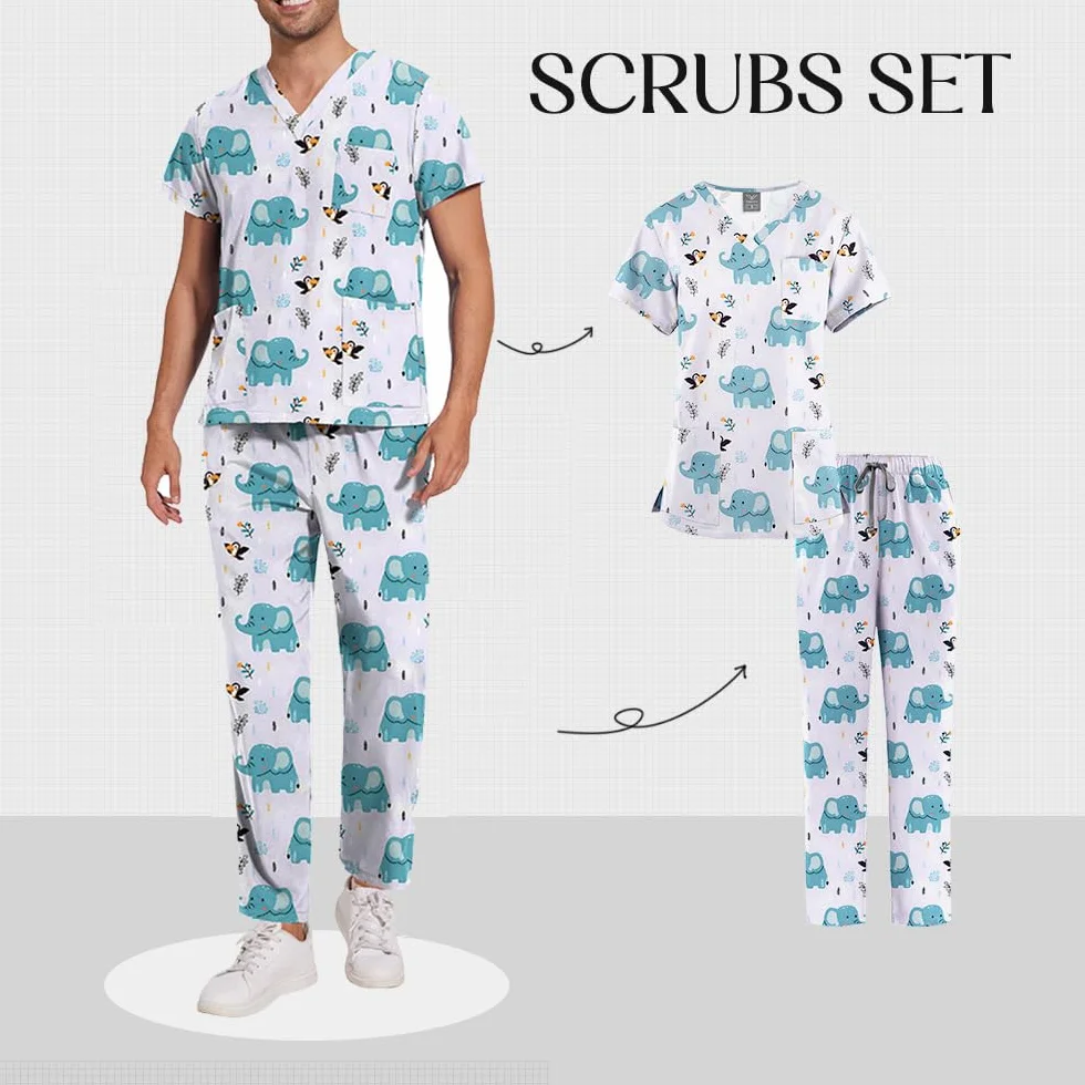 ThreeH Set da Chirurgo Ospedaliero Divisa Medica Elasticizzata con Scollo a V e Pantaloni Jogging Lavabile Tasche Multiple