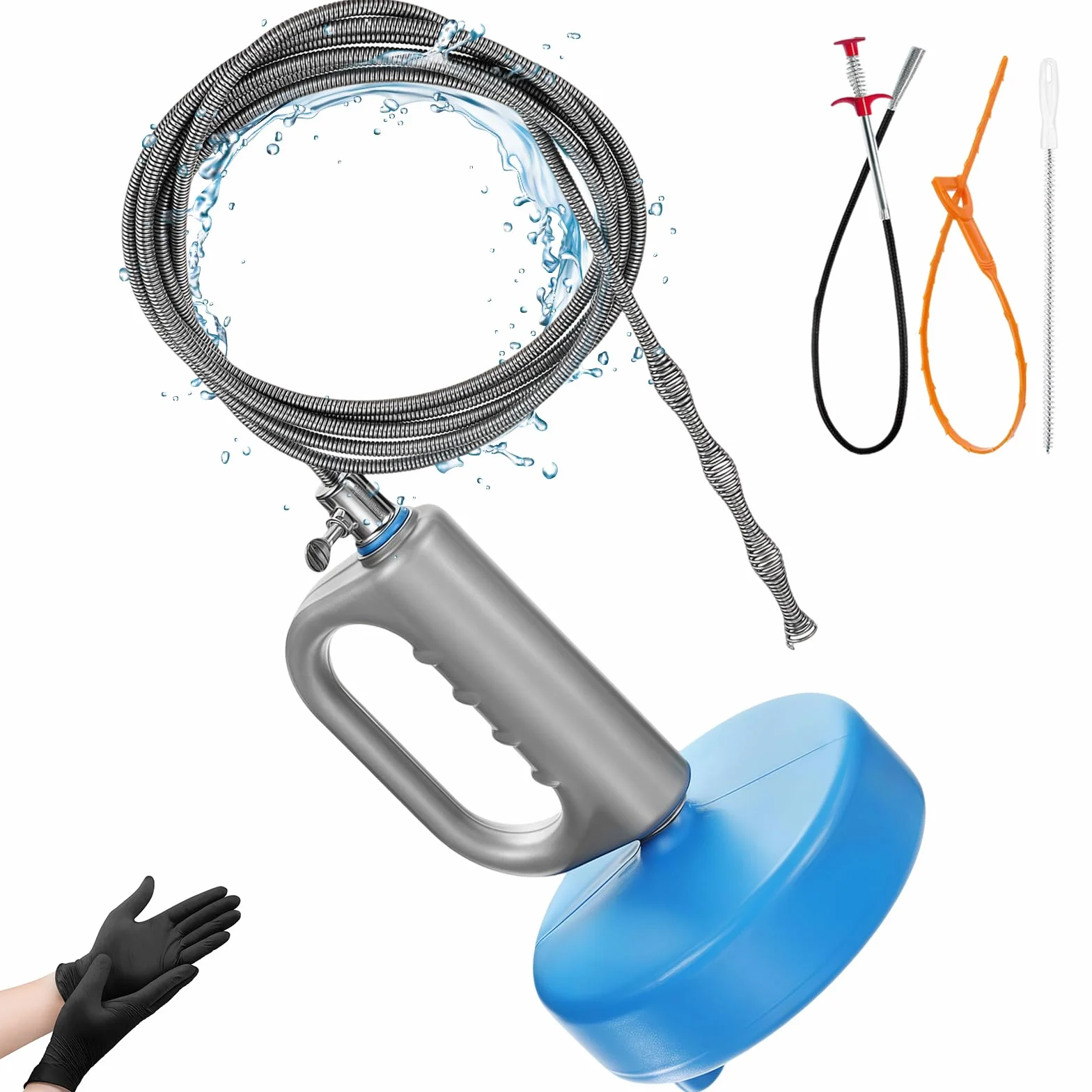 Molla Sonda Sturatubi 10M, Riutilizzabile Sonda Sturatubi Professionale con guanti,Stura Lavandini e Scarichi Kit di Attrezzi per Fognature, Cucine, Bagni, WC e tubi di Scarico Intasat
