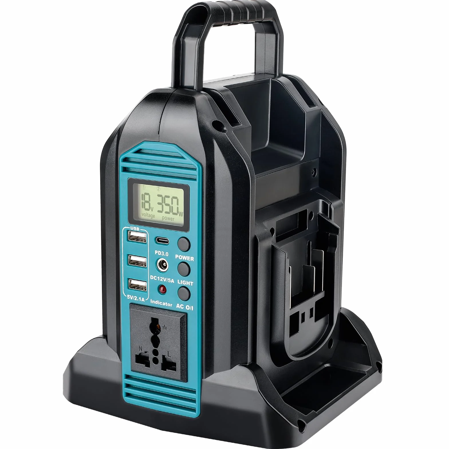 Inverter MT 18 V, 350 W da batteria, AC 230 V, convertitore tensione sinusoidale, 2 porte USB-A/C, luce LED 300 lm, per campeggio di emergenza