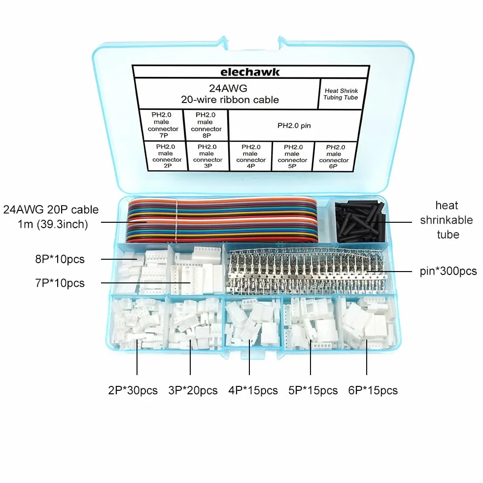 Kit connettori JST PH 2.0 Basetta pin e cavo a nastro Passo 2,0 mm JST PH - Alloggiamento femmina pin maschio 2/3/4/5/6/7/8