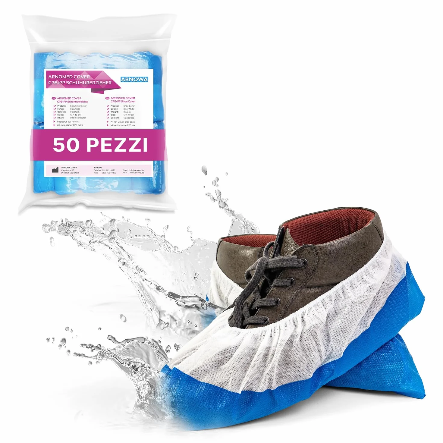 ARNOMED Copriscarpe monouso CPE PP 50 pezzi 17x40cm calzari usa e getta bianchi suola CPE blu taglia unica