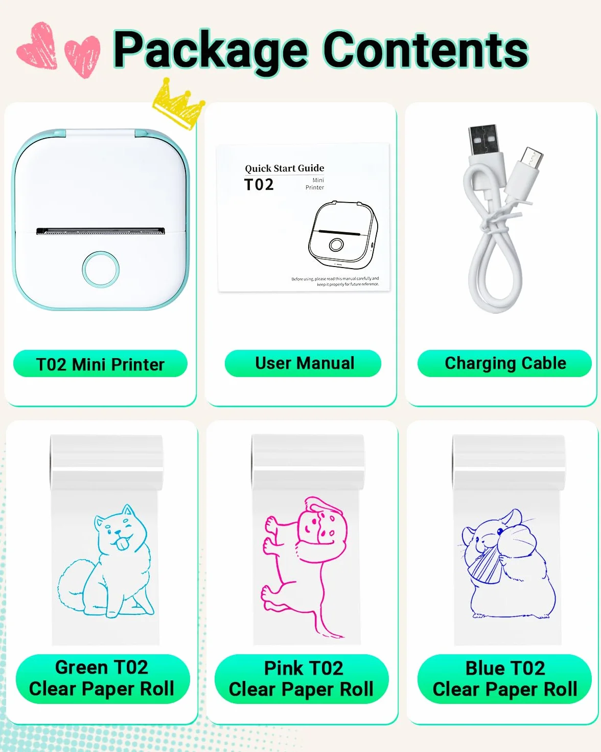 Memoking Mini Stampante Termica - T02 Stampante Termica Portatile Bluetooth Print Pods Portable Mini Printer per Grafici di Studio, l'apprendimento, Appunti di Studio, Diagrammi Anatomici, Foto,Regalo