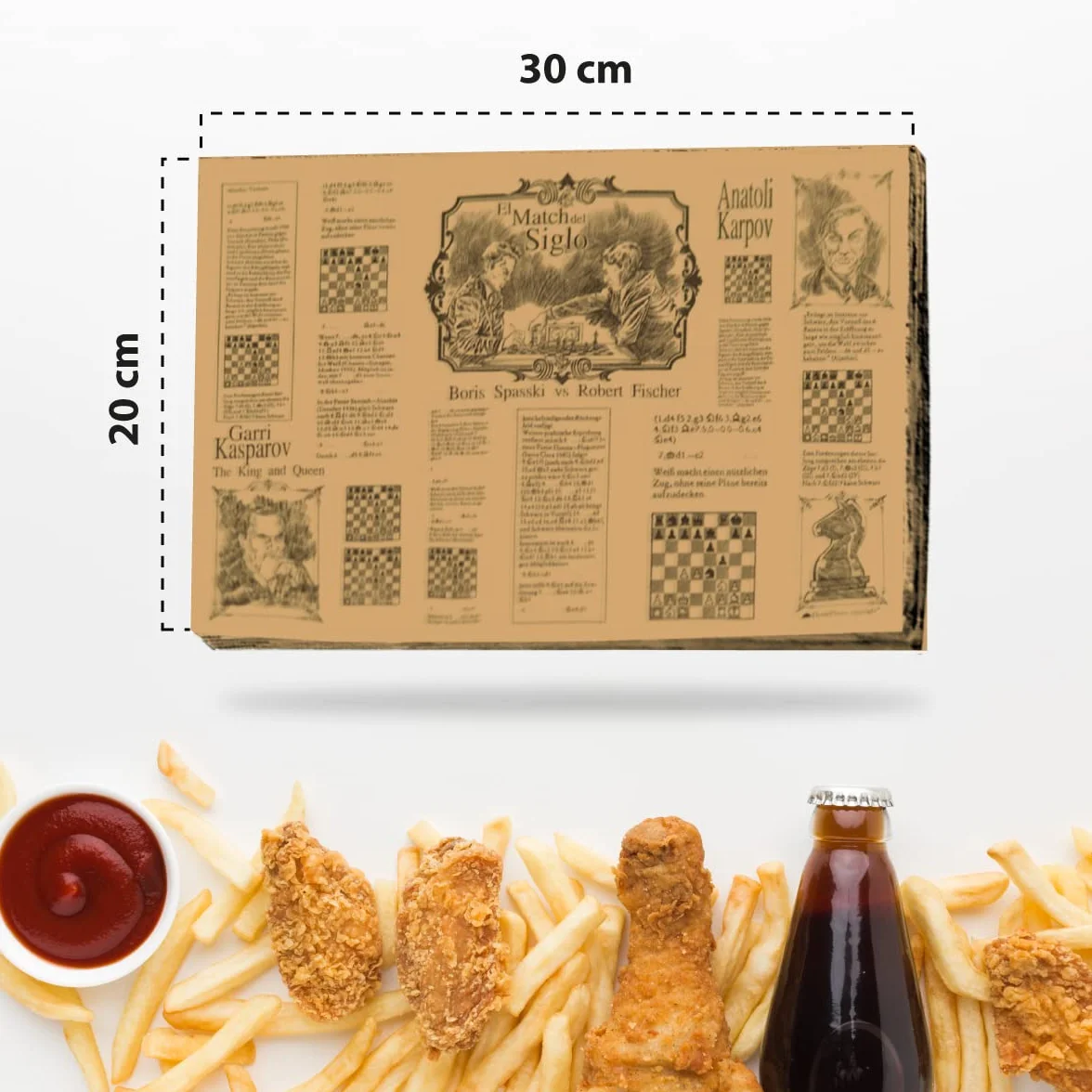 Hostelnovo Carta antigrasso per avvolgere alimenti - Confezione da 100 pezzi - 30 x 20 cm - Carta di giornale Kraft marrone - Design unico delle leggende di scacchi - Ideale per patate fritte