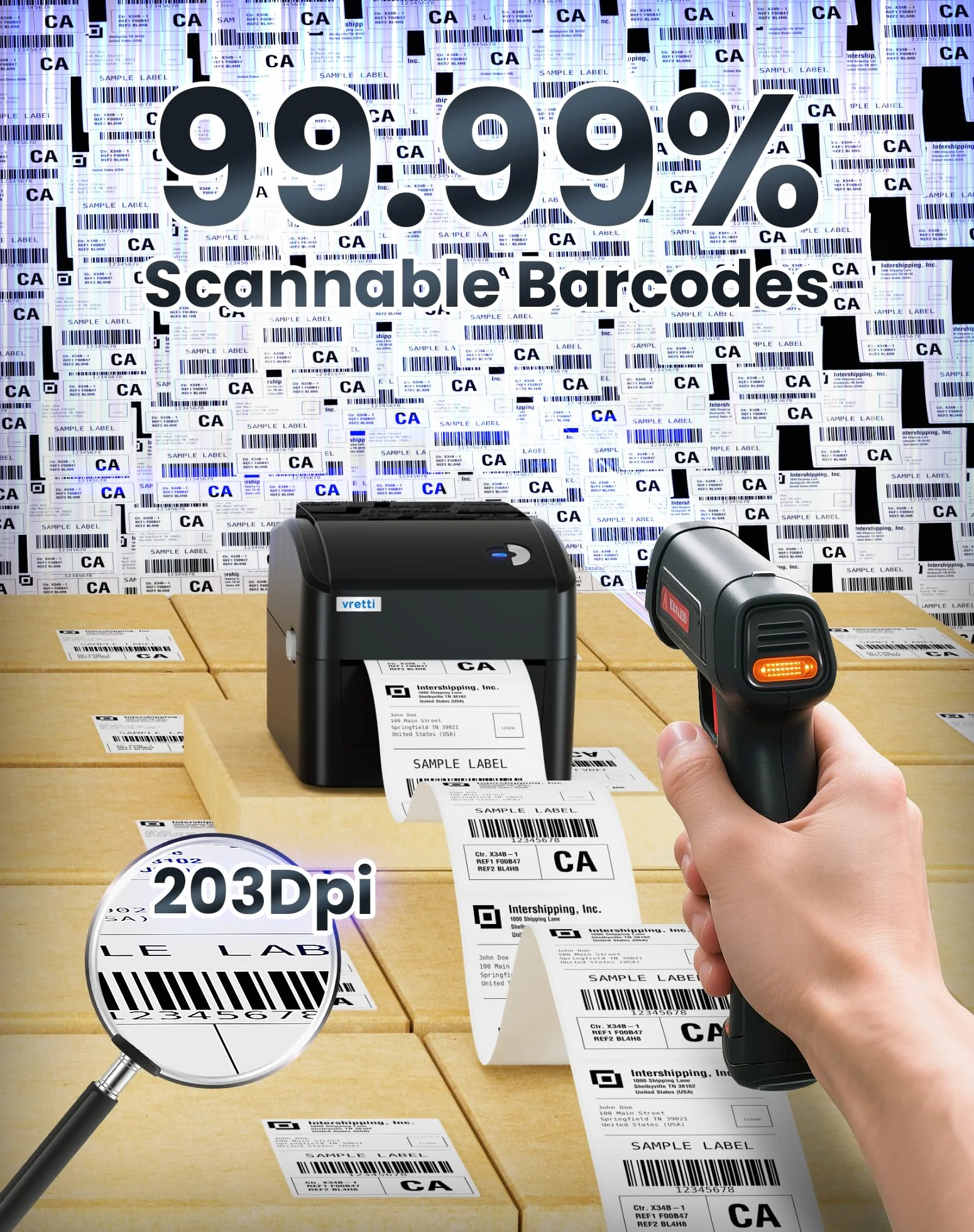vretti Stampante per Etichette di Spedizione, Stampante Termica per Etichette 4x6 per Pacchetti di Spedizione, per Piccole Aziende UPS Amazon