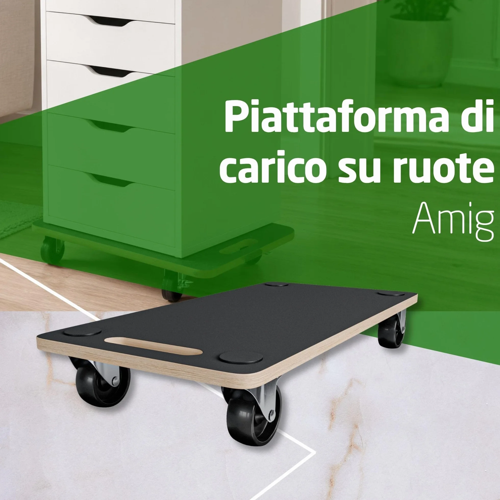 Amig - Piattaforma di Carico con Ruote | Supporto Rotante Rettangolare | 4 tappetini antiscivolo | 58 x 29 cm | Carico Max.: 200 kg | 4 Ruote: 2 con Freno | MDF | Certificato FSC | Nero