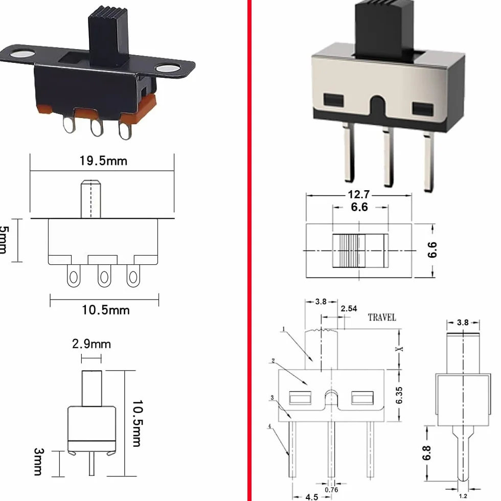 Gebildet 40PCS Interruttori a Scorrimento 250V/3A, 1P2T SPDT 3 Pin 2 Posizioni SS12D10 e 50V/0.5A Mini Pannello Interruttore a Scorrimento ON/Off SS12F15 3Pin Interruttore a levetta