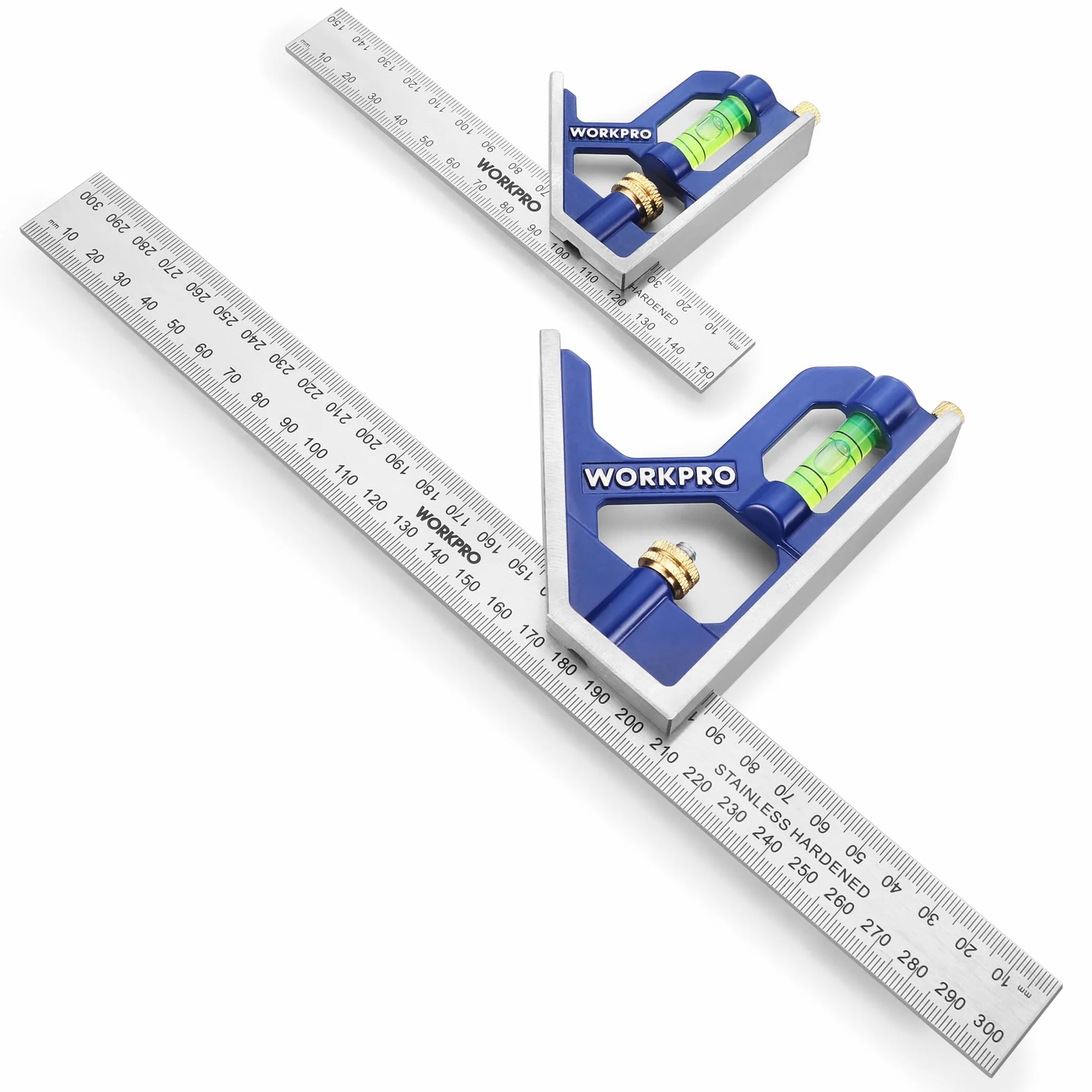WORKPRO Set di Squadra Combinata Regolabile 150+300mm, Righello Angolo Acciaio Inossidabile con Bolla