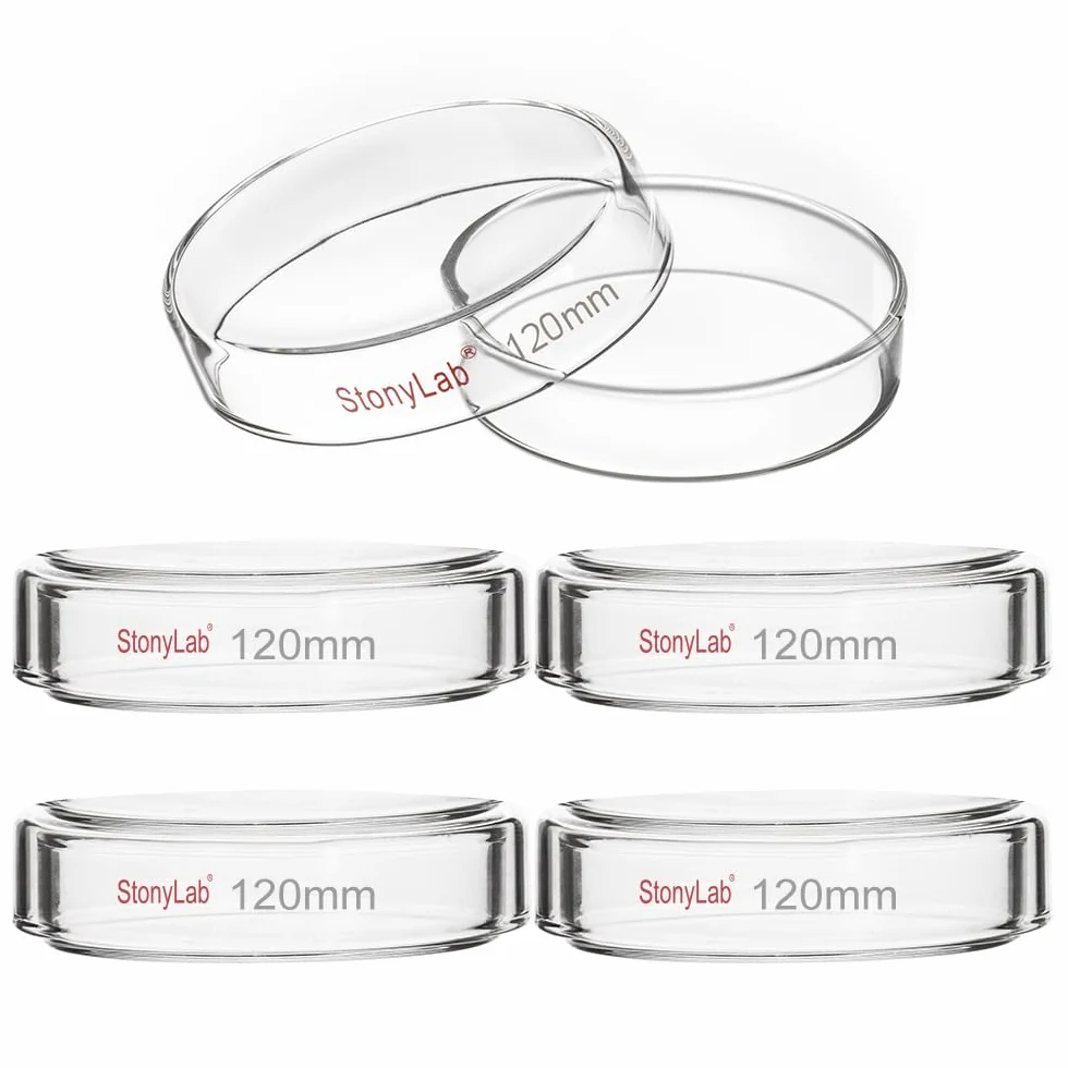 stonylab Piastra di Petri in Vetro con Coperchio, Confezione da 5 Vetro Borosilicato Piatto per Colture Cellulari Piastra di Petri Autoclavabile Trasparente per Laboratorio, 120x25 mm