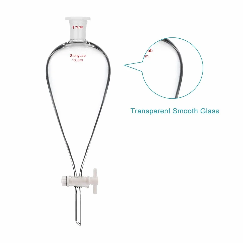 StonyLab 1000ml Imbuto Separatore Conico in Vetro, Separatory Funnel Borosilicato a Parete Pesante con 24/40 Giunti e Rubinetto in PTFE - 1L (1 Litro)
