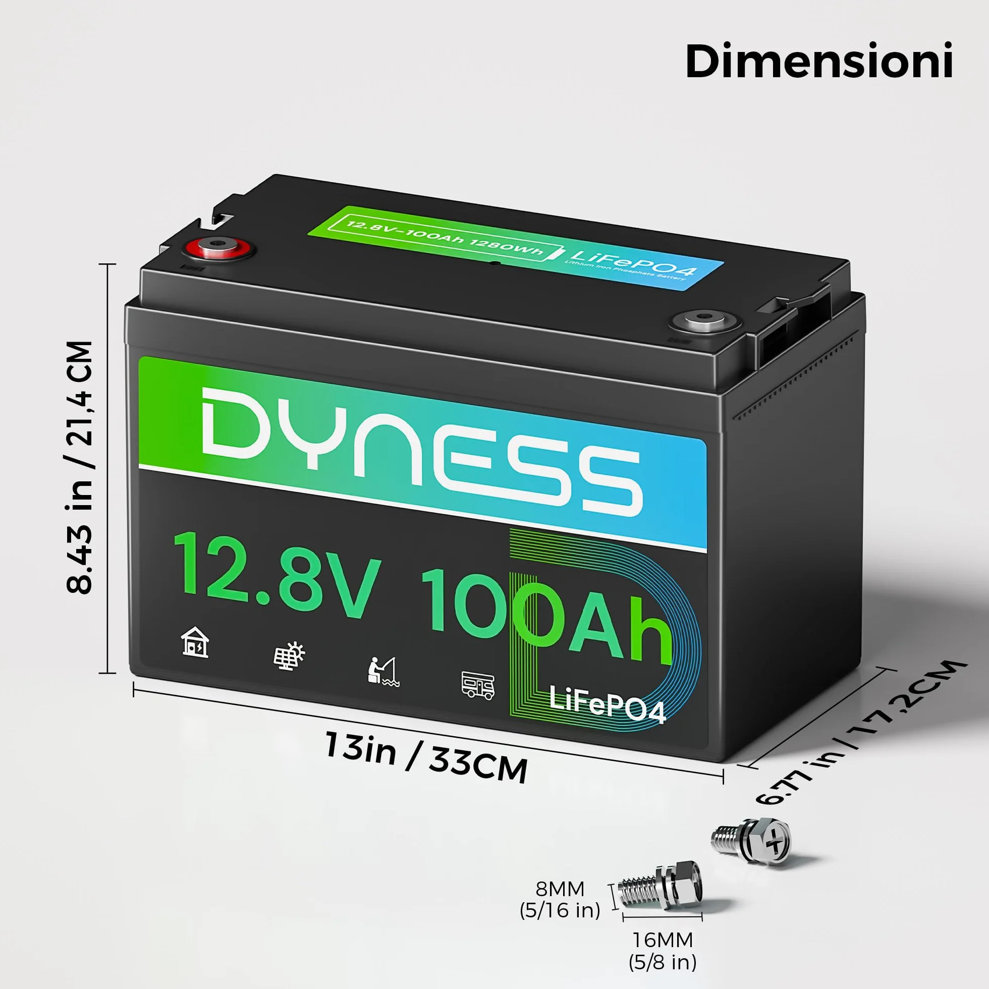 Dyness Batteria Litio 12V 100Ah LiFePO4 a Ciclo profondo con 100A BMS, Protezione Dalle Basse Temperature, Max. 15000 cicli, per Camper, Impianti Solari off-grid, Fotovoltaico Accumulo