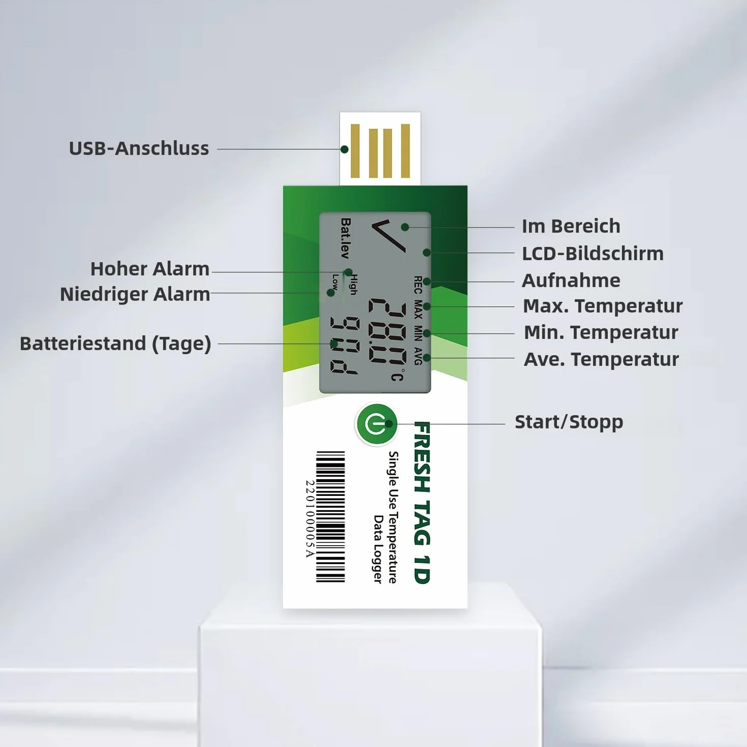Registratore di dati di temperatura Freshliance con display LCD, registratore di temperatura USB monouso con 30.000 punti, report PDF CSV automatico, 30 giorni, confezione da 1 pezzi