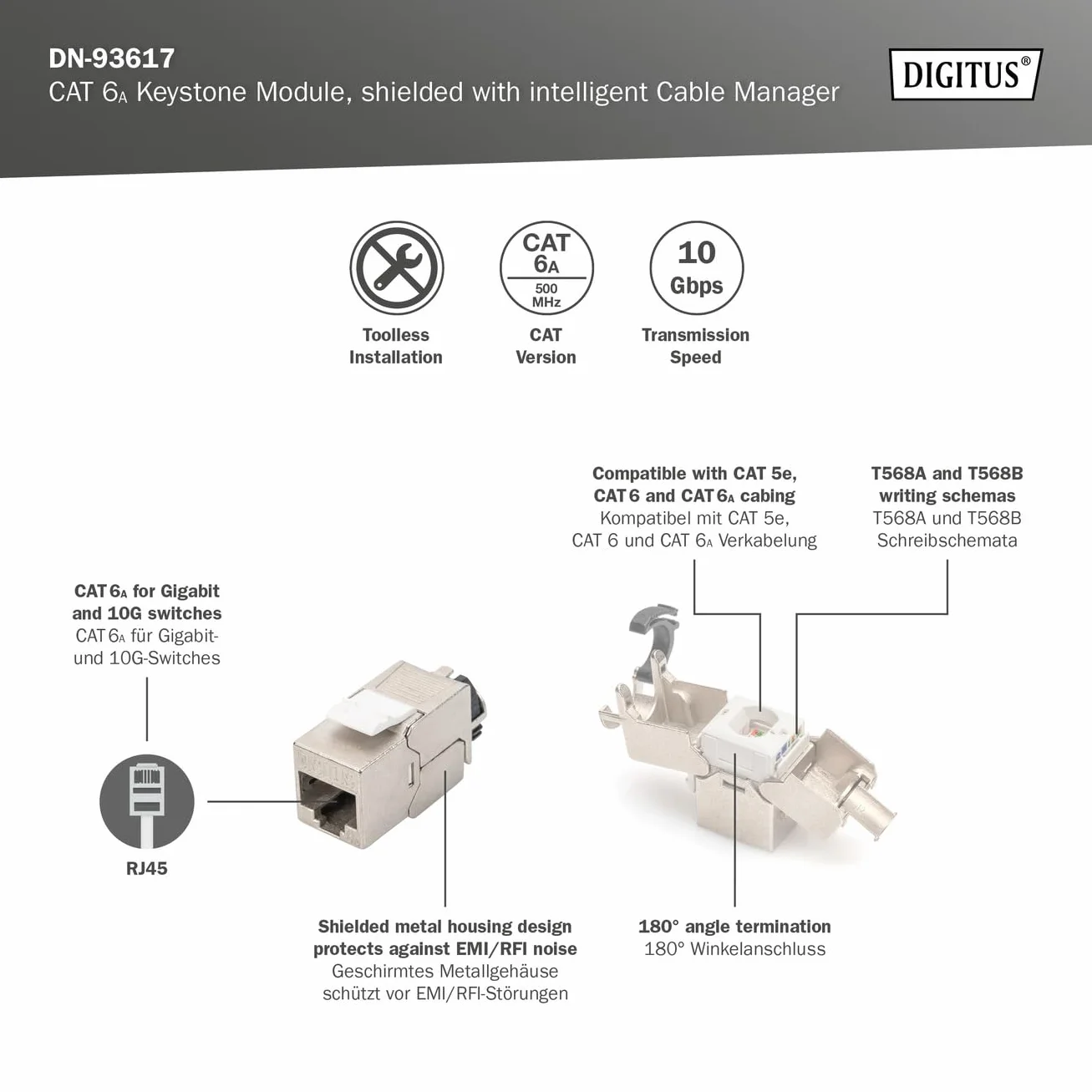 DIGITUS Modulo Keystone Cat-6A schermato RJ45 Jack 500 MHz 10GBase-T AWG 26-22