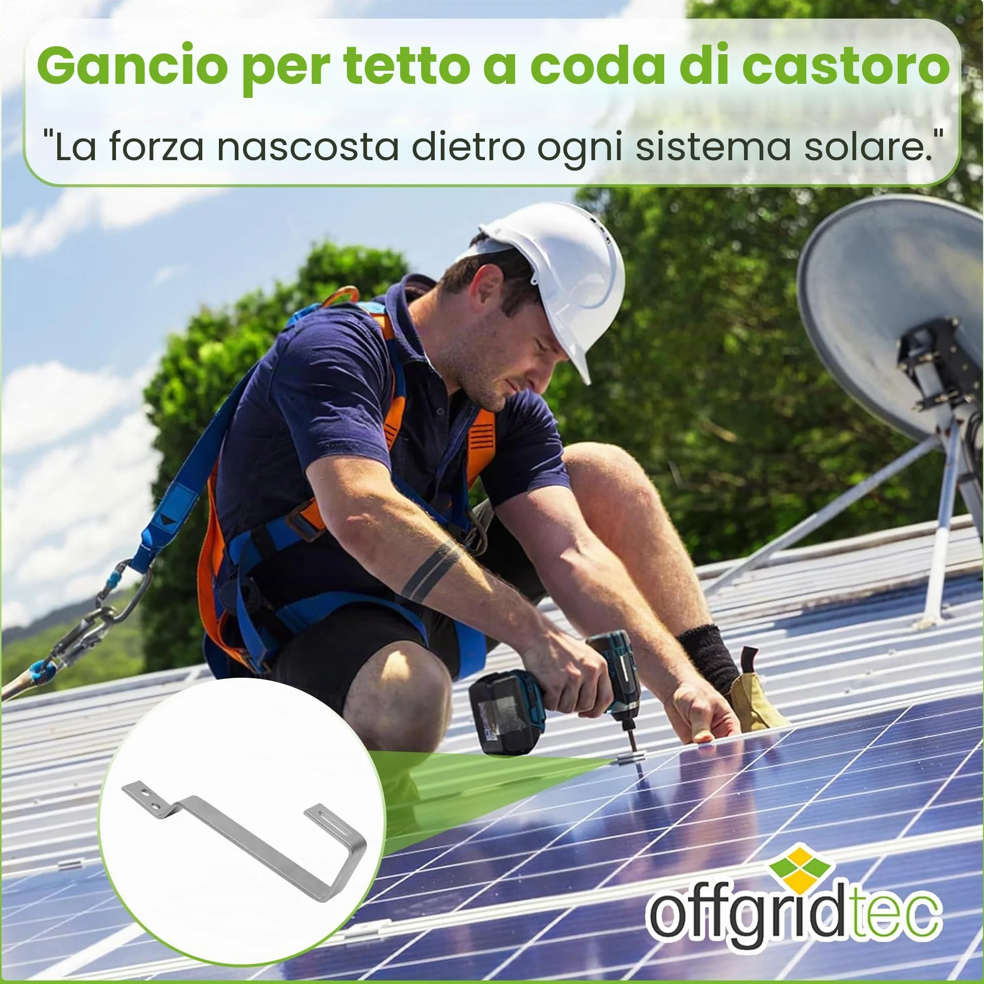 Offgridtec Gancio per tetto in acciaio inox V2a per montaggio a parete di pannelli solari su tegole a coda di castoro