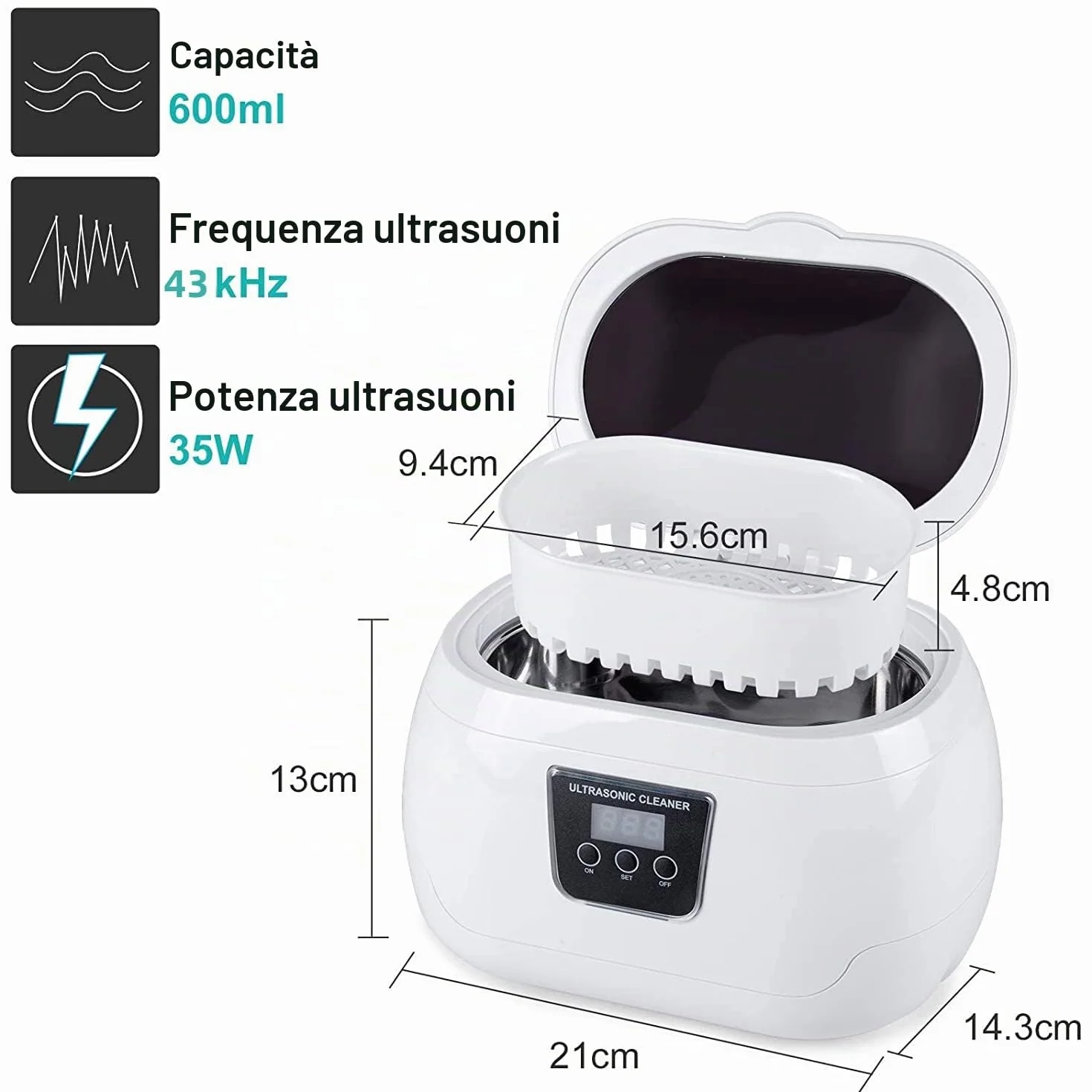 Pulitore Ultrasuoni 600ml, Lavatrice Ultrasuoni Acciaio Inox, Detergente ad Ultrasuoni Portatile per Occhiali Gioielli Orologi