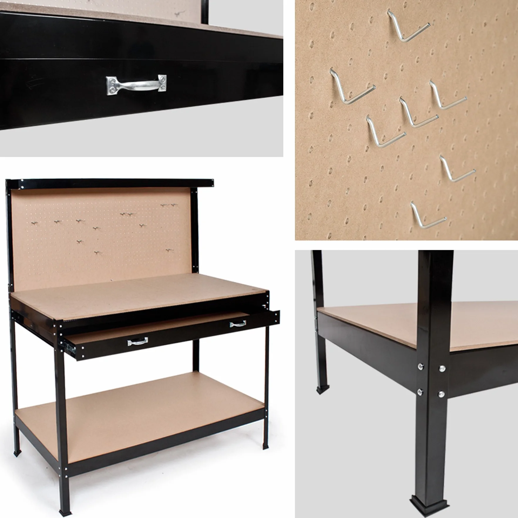 tectake® Banco da lavoro 120x60x156cm, Tavolo ideale per Fai da te, 12 Ganci inclusi, Ampio Cassetto per vari Utensili, Parete con Fori, Spazio per Attrezzi da Lavoro in Garage, Officina, Casa - Nero