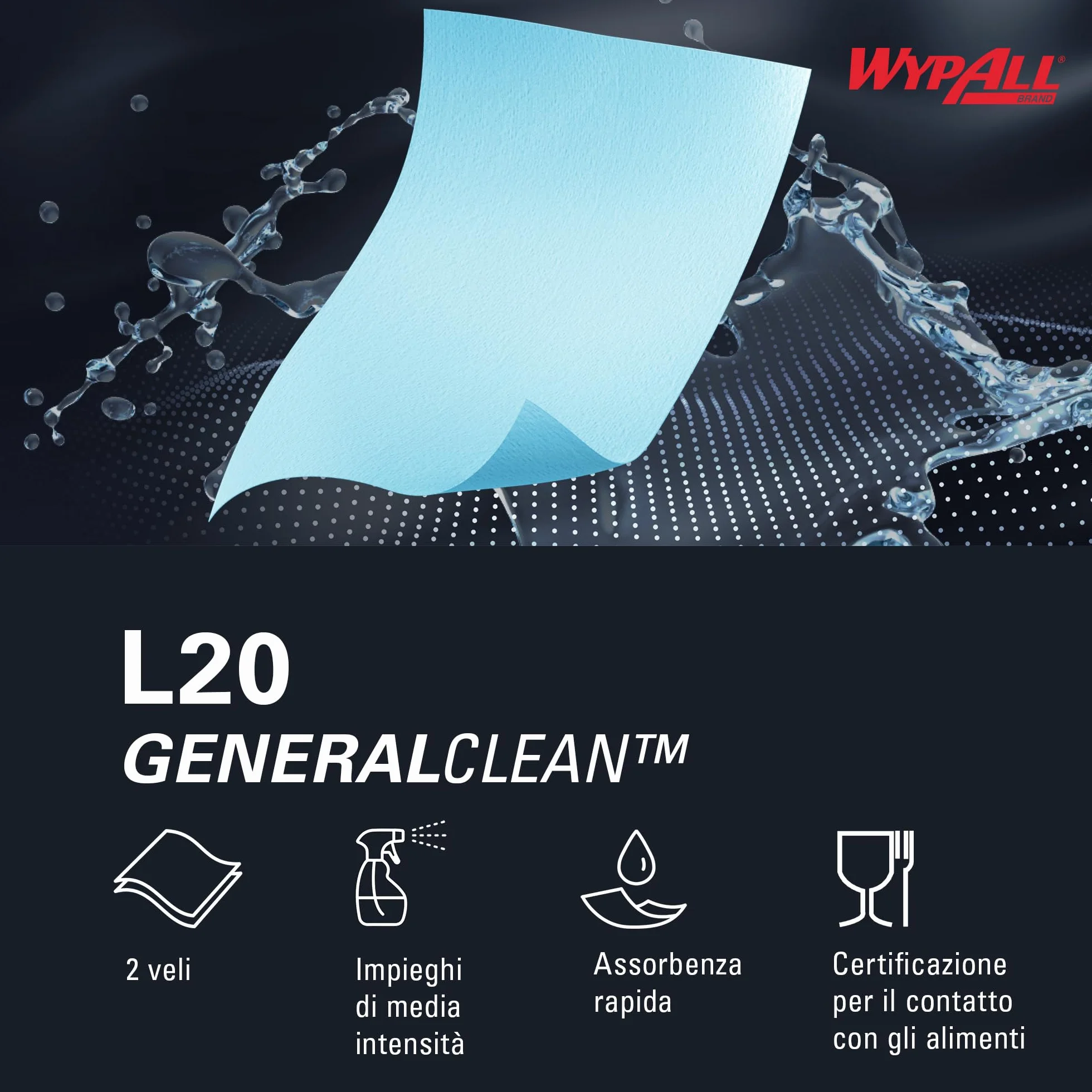 WypAll L20 Maxi Rotolo Panni Carta 7300, 2 Veli, Blu, 500 Fogli, Biodegradabili, Certificato Contatto Alimentare