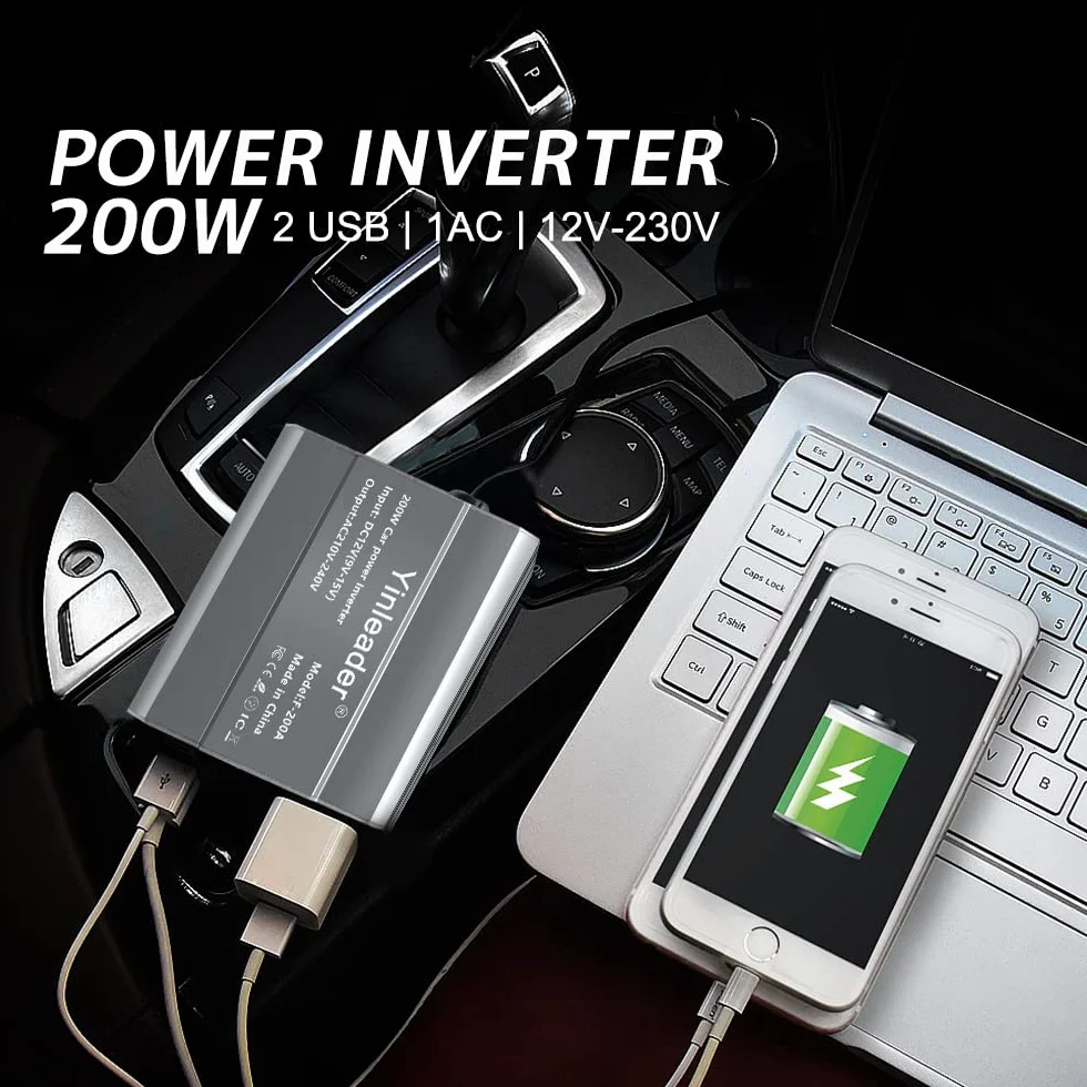 Yinleader Inverter da 200 W, 12 V a 230 V, 1 prese europee, 2 convertitori USB per auto, per caravan e campeggio