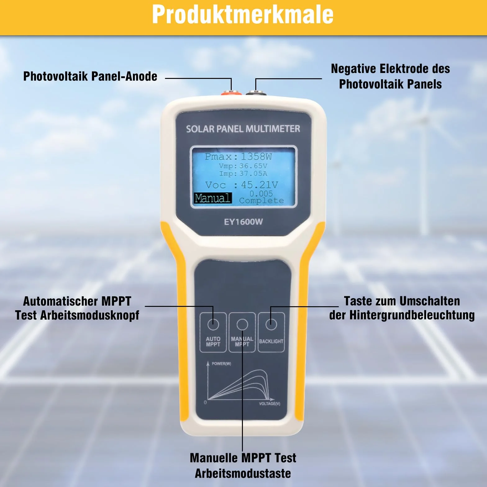 Tester solare EY1600 W, installazione, misuratore tensione vuoto, rilevamento MPPT, display LCD